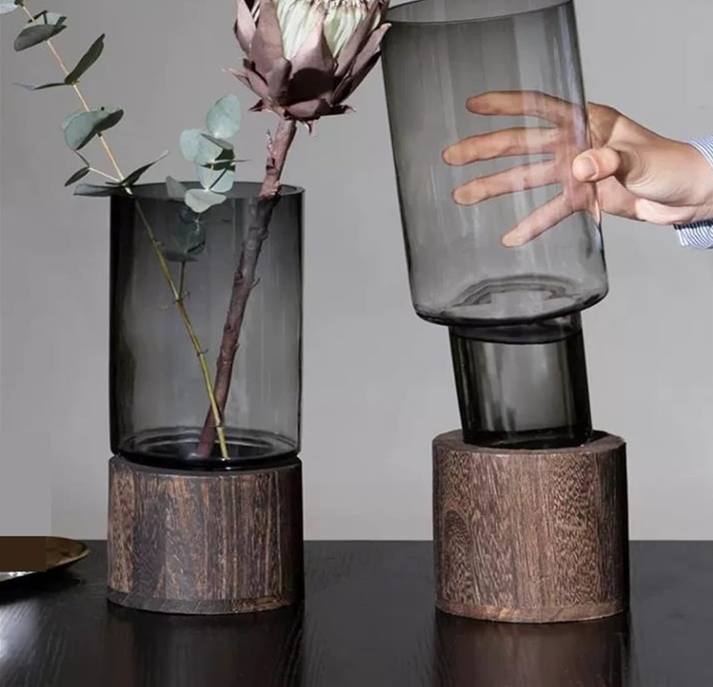 Light Luxury Glass Vase with Wooden Base – Transparent Decorative Vase