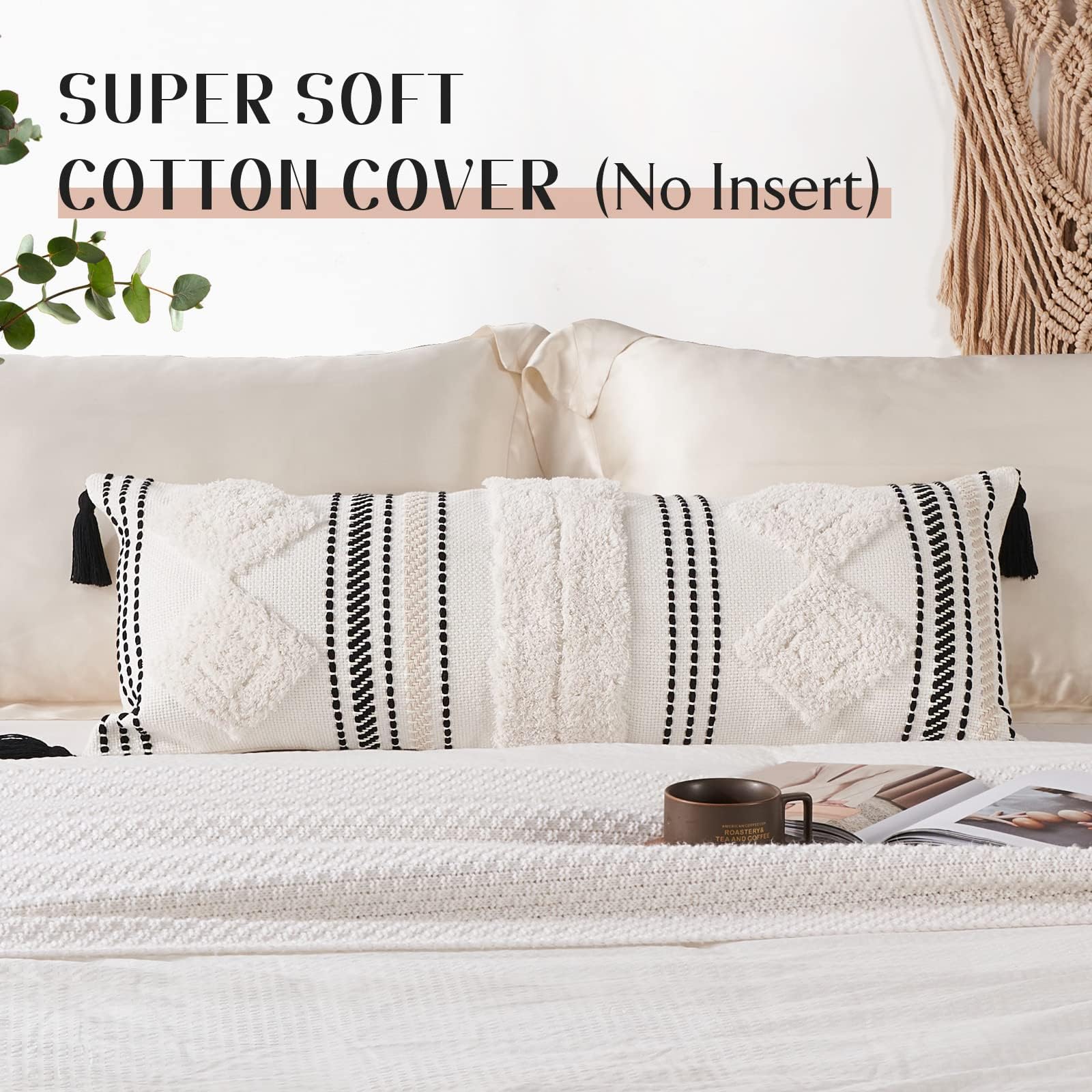 Boho Lumbar Pillow Cover 14x36 Inch – Textured Cotton Body Pillow Cover for Bed, Couch, and Home Decor