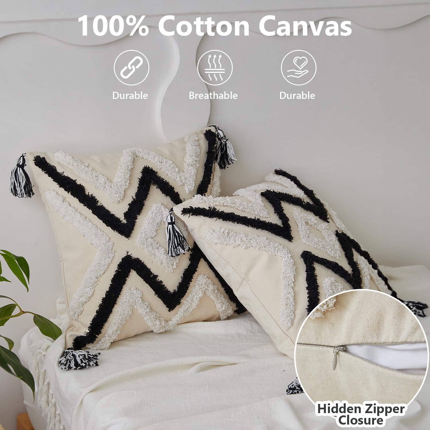 Boho Tufted Decorative Throw Pillow Covers Set of 2, 18x18 Inch 100% Cotton Canvas Cushion Covers with Tassels for Bed Sofa Couch, Geometric Diamond Farmhouse Home Decor