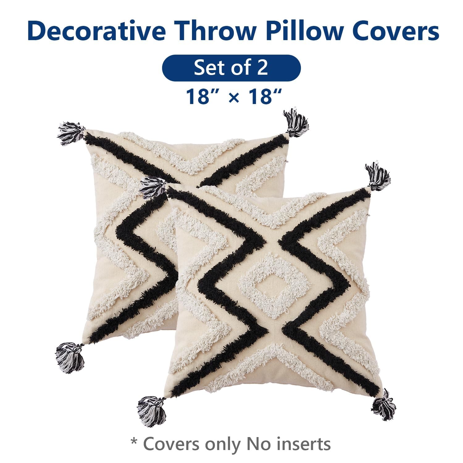 Boho Tufted Decorative Throw Pillow Covers Set of 2, 18x18 Inch 100% Cotton Canvas Cushion Covers with Tassels for Bed Sofa Couch, Geometric Diamond Farmhouse Home Decor