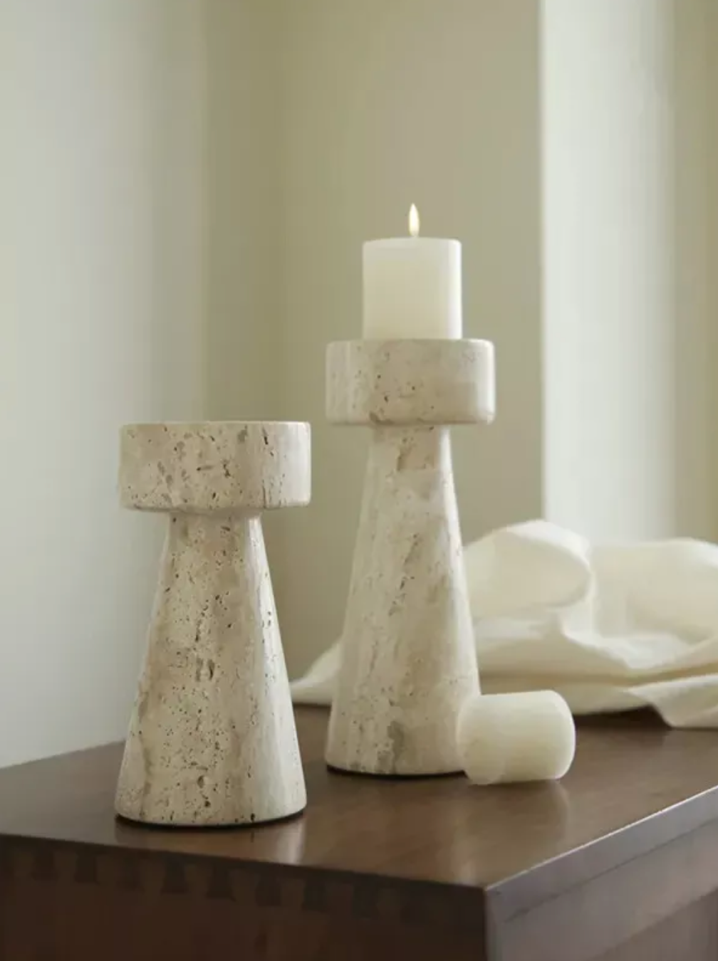 Minimalist Travertine Candle Holder – Natural Marble Taper Holder for Dining Table