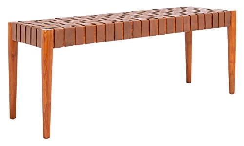 Cognac and Dark Brown Leather Weave Bench – Contemporary Mindi Wood Frame- 47-Inch