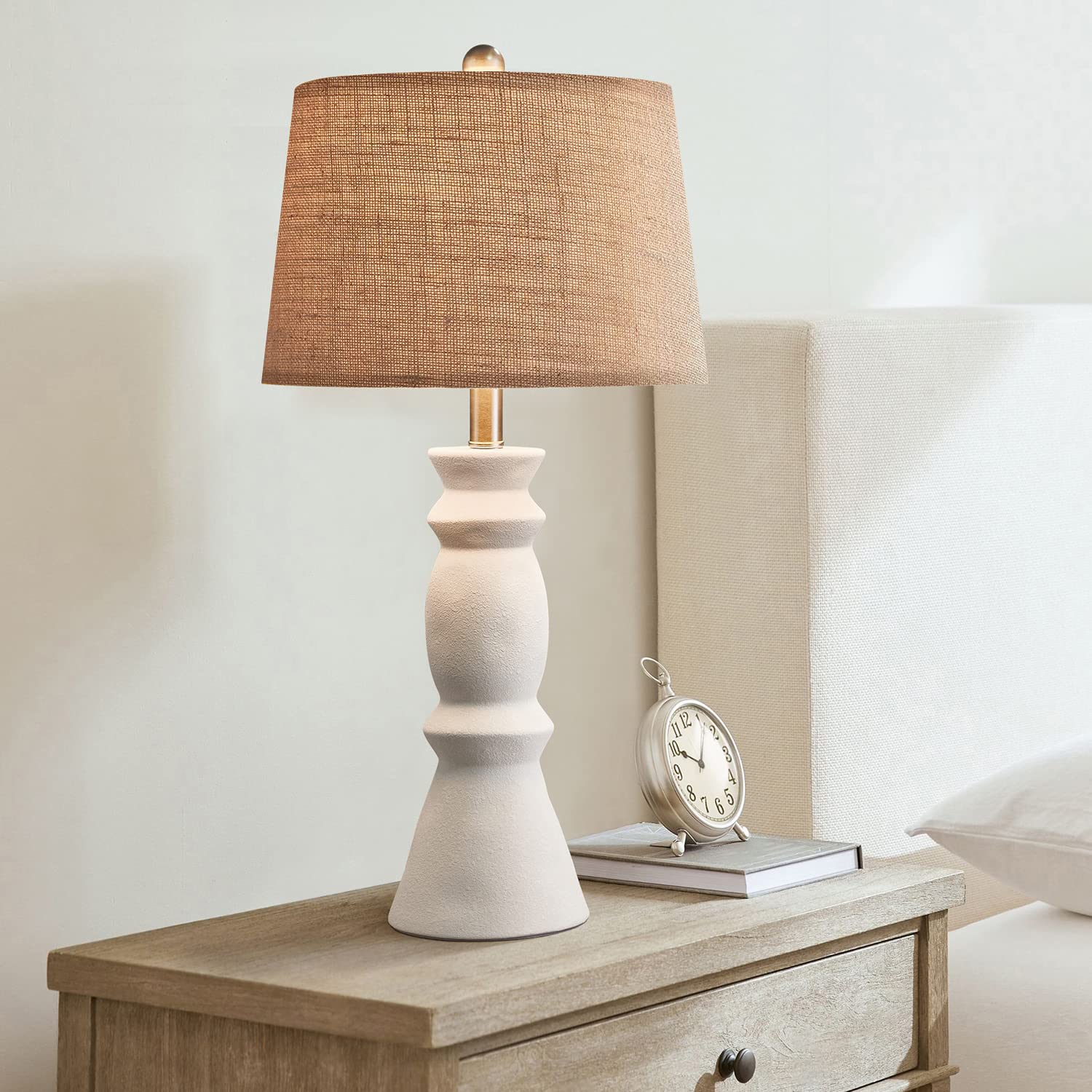 Elegant White Ceramic Table Lamp Set of 2 | 25.75'' Farmhouse Bedside Lamps | Retro Nightstand and End Table Lighting