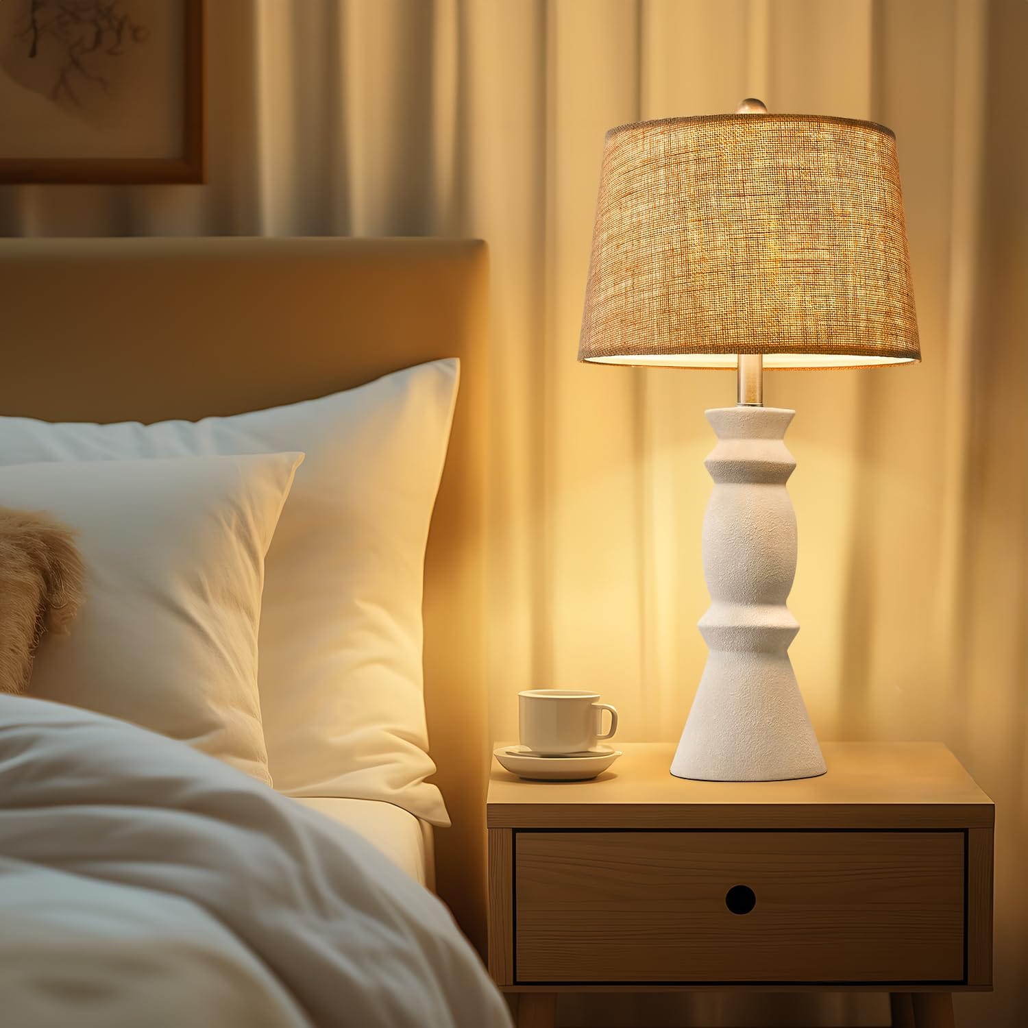 Elegant White Ceramic Table Lamp Set of 2 | 25.75'' Farmhouse Bedside Lamps | Retro Nightstand and End Table Lighting