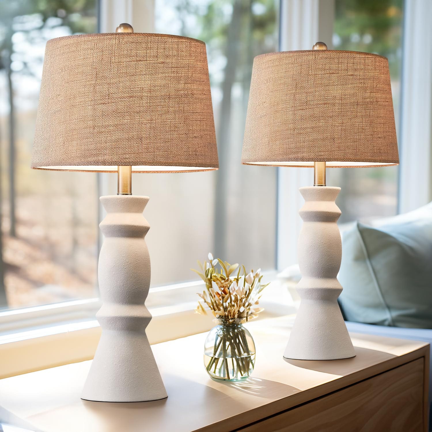 Elegant White Ceramic Table Lamp Set of 2 | 25.75'' Farmhouse Bedside Lamps | Retro Nightstand and End Table Lighting
