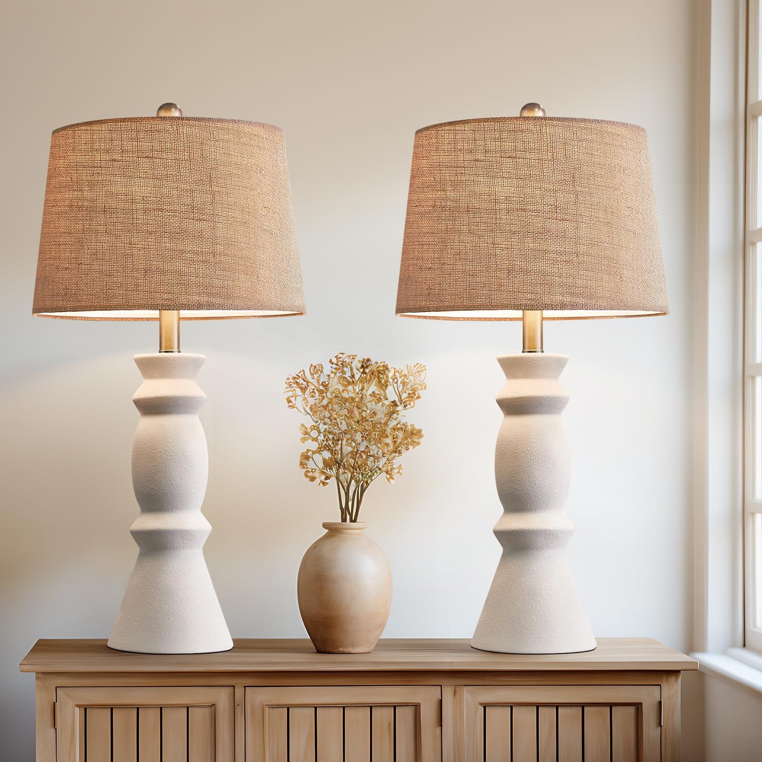Elegant White Ceramic Table Lamp Set of 2 | 25.75'' Farmhouse Bedside Lamps | Retro Nightstand and End Table Lighting