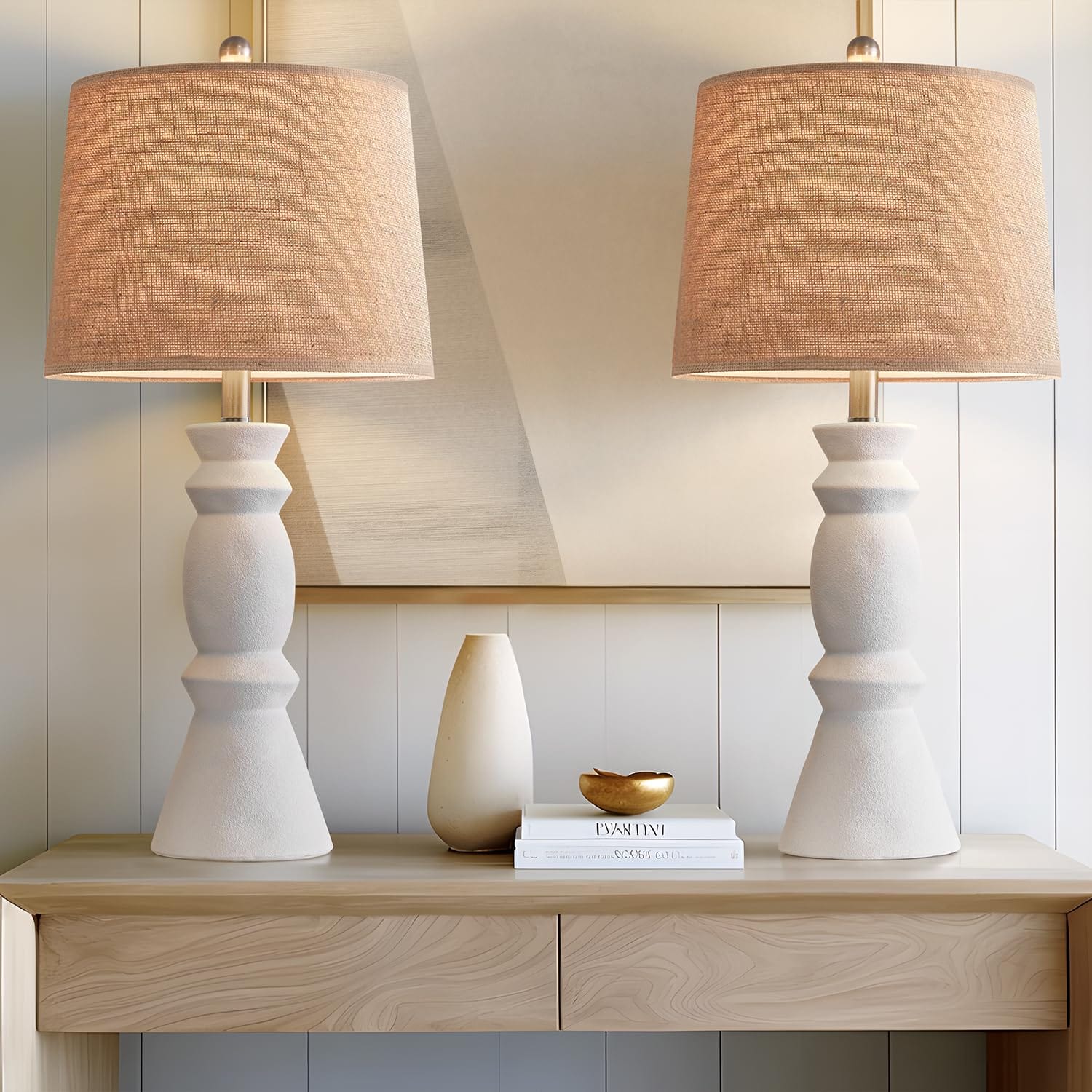 Elegant White Ceramic Table Lamp Set of 2 | 25.75'' Farmhouse Bedside Lamps | Retro Nightstand and End Table Lighting