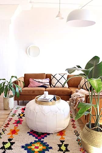 Handcrafted Moroccan Leather Pouf Cover - Large Round Ottoman Footstool with Embroidery, Unstuffed