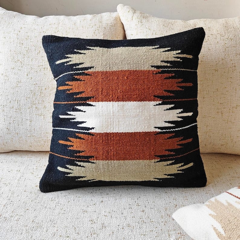 Handwoven Cotton & Wool Kilim Cushion Cover | Tulum Style Throw Pillow Cover | 18x18, 20x20 Inches | Textured Handmade Cover by Indian Artisans