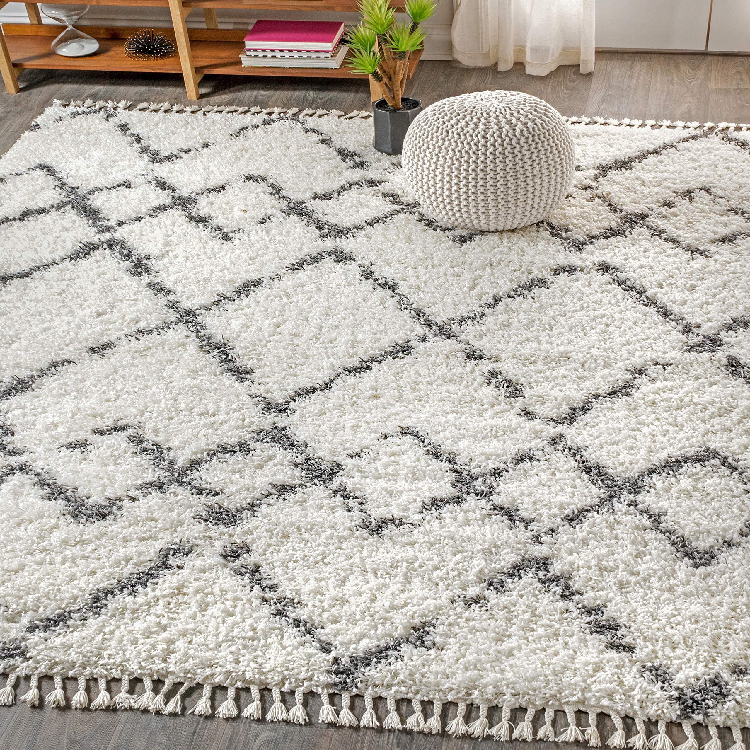 Mercer Shag Plush Tassel Moroccan Tribal Trellis Geometric Indoor Area-Rug Bohemian Contemporary Easy-Cleaning Bedroom Kitchen Living Room, 8 X 10, Cream/Grey Rectangular