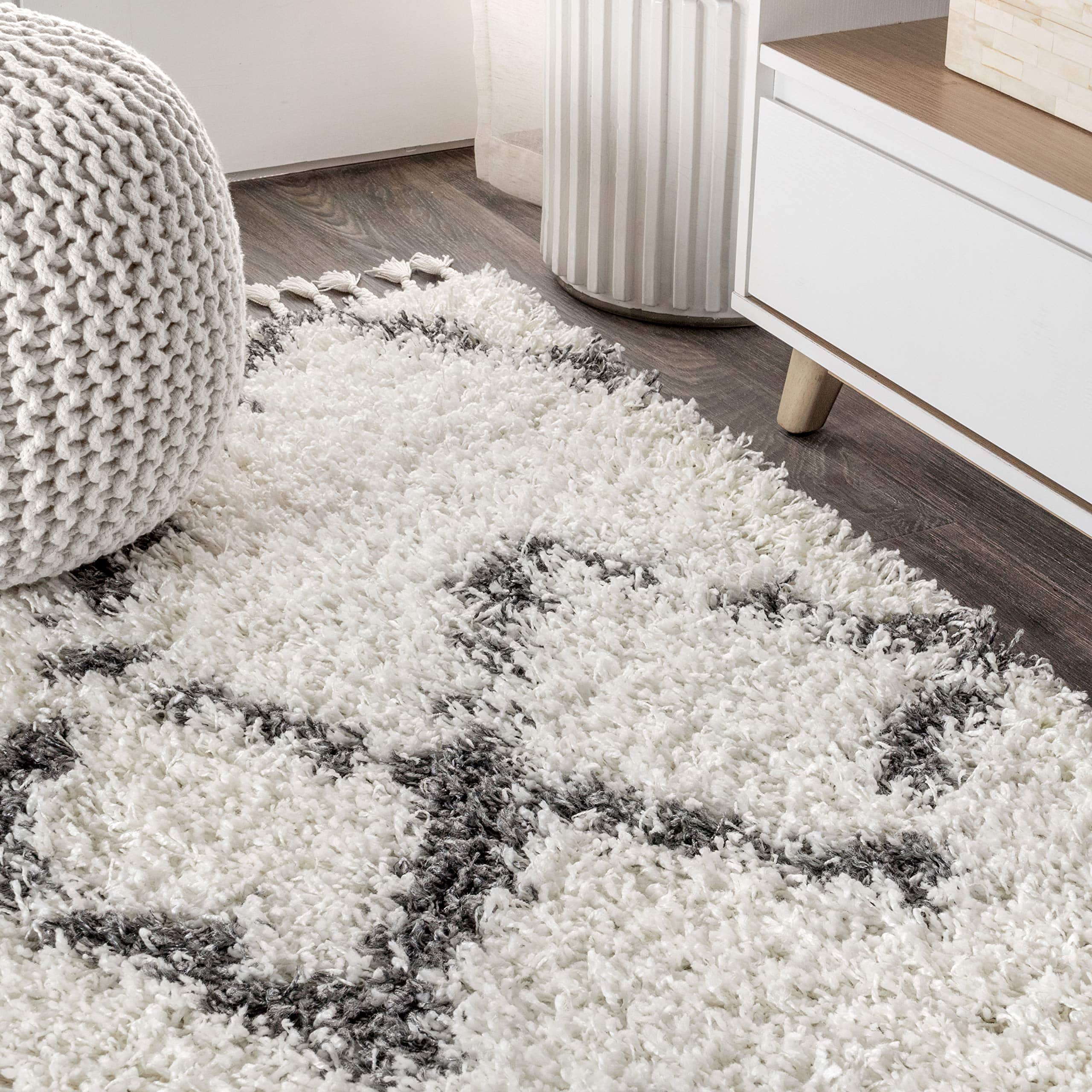 Mercer Shag Plush Tassel Moroccan Tribal Trellis Geometric Indoor Area-Rug Bohemian Contemporary Easy-Cleaning Bedroom Kitchen Living Room, 8 X 10, Cream/Grey Rectangular