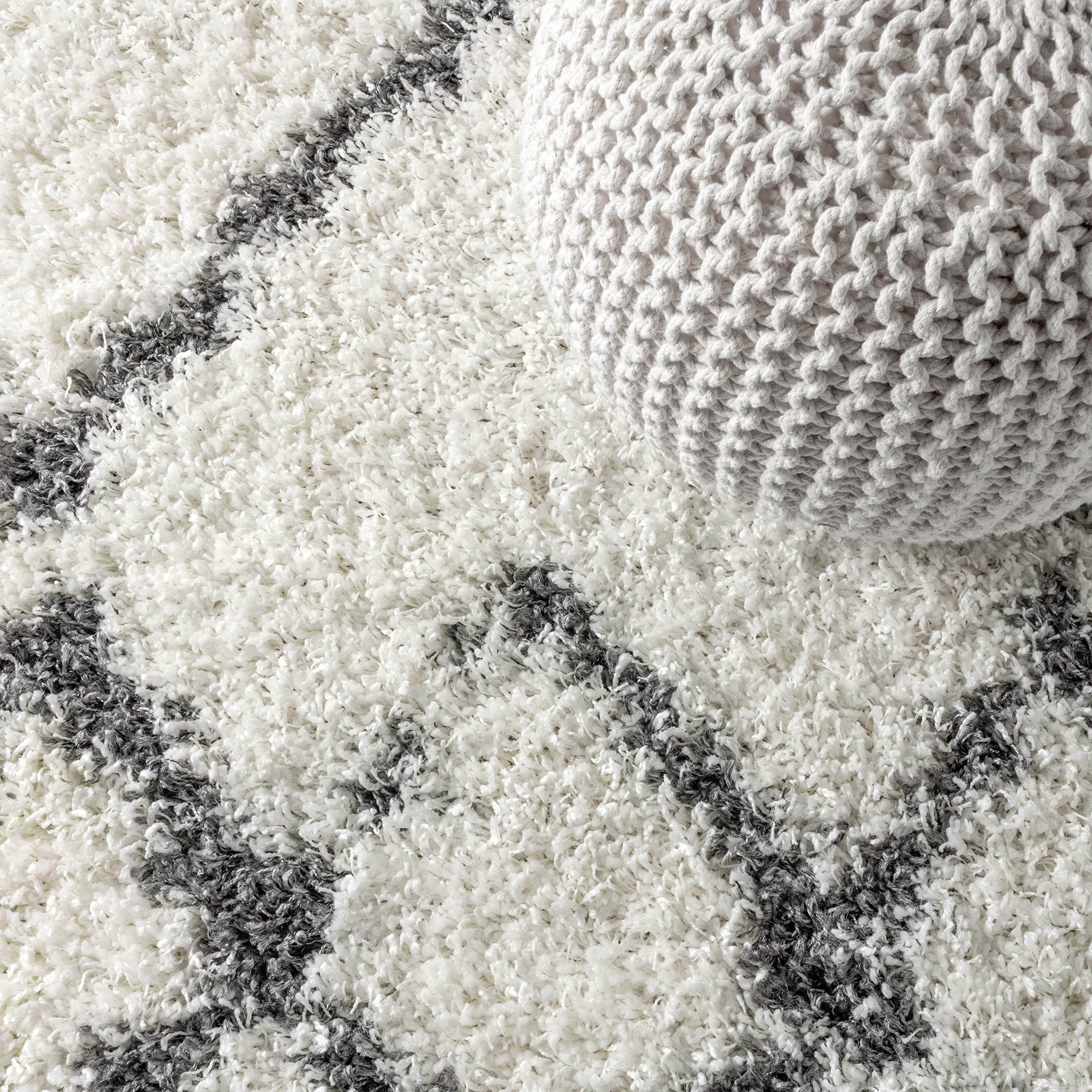 Mercer Shag Plush Tassel Moroccan Tribal Trellis Geometric Indoor Area-Rug Bohemian Contemporary Easy-Cleaning Bedroom Kitchen Living Room, 8 X 10, Cream/Grey Rectangular