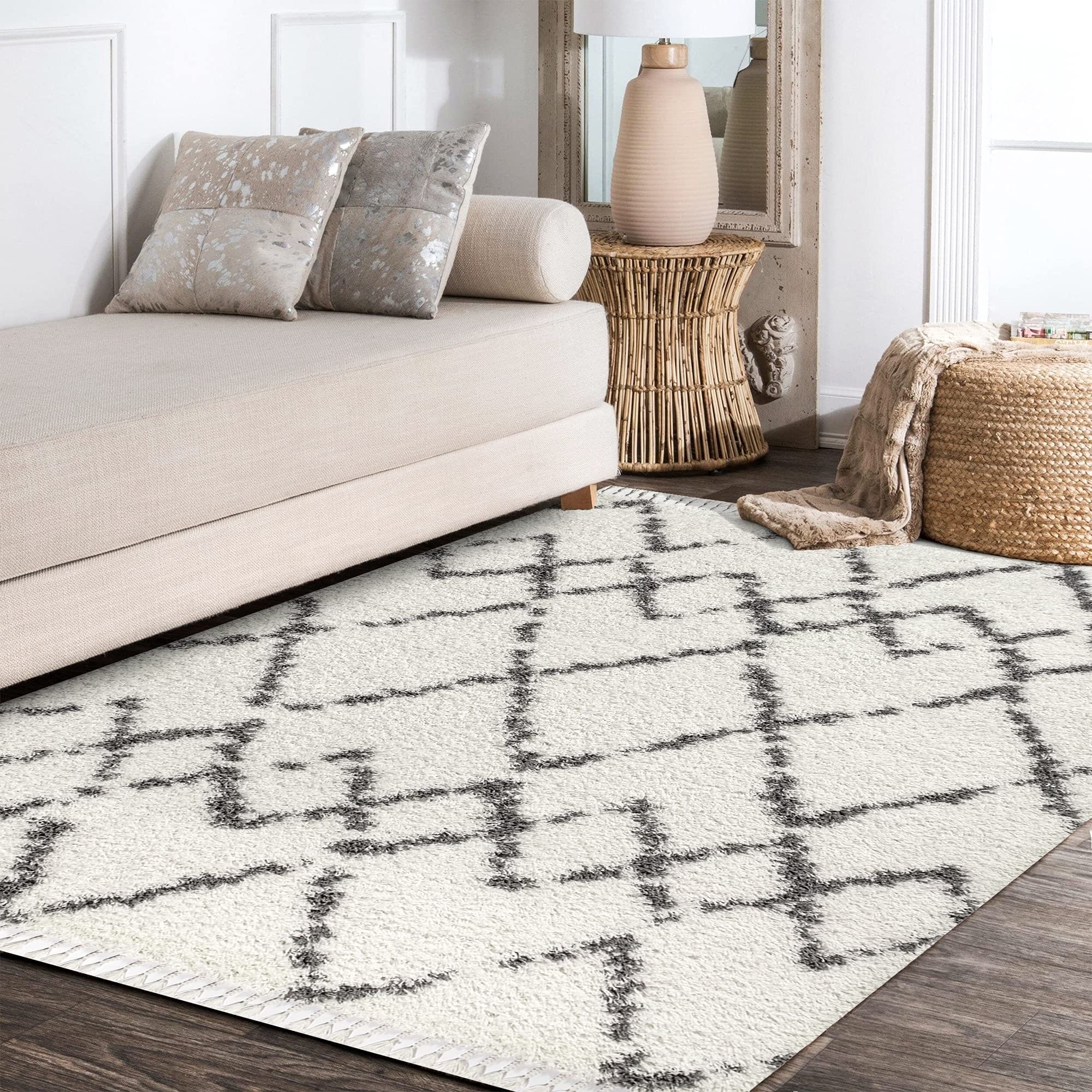 Mercer Shag Plush Tassel Moroccan Tribal Trellis Geometric Indoor Area-Rug Bohemian Contemporary Easy-Cleaning Bedroom Kitchen Living Room, 8 X 10, Cream/Grey Rectangular