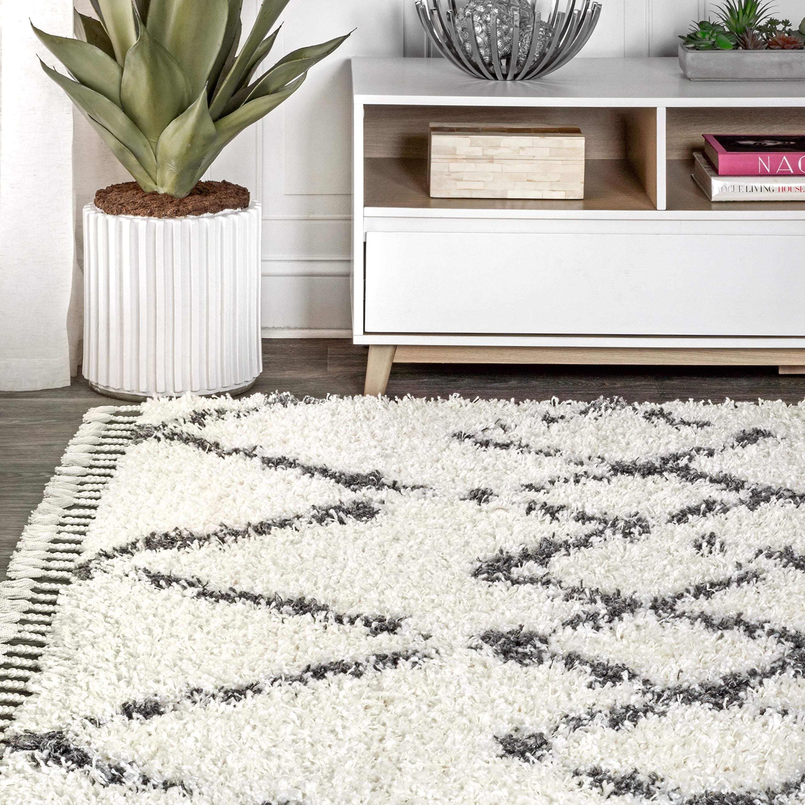 Mercer Shag Plush Tassel Moroccan Tribal Trellis Geometric Indoor Area-Rug Bohemian Contemporary Easy-Cleaning Bedroom Kitchen Living Room, 8 X 10, Cream/Grey Rectangular