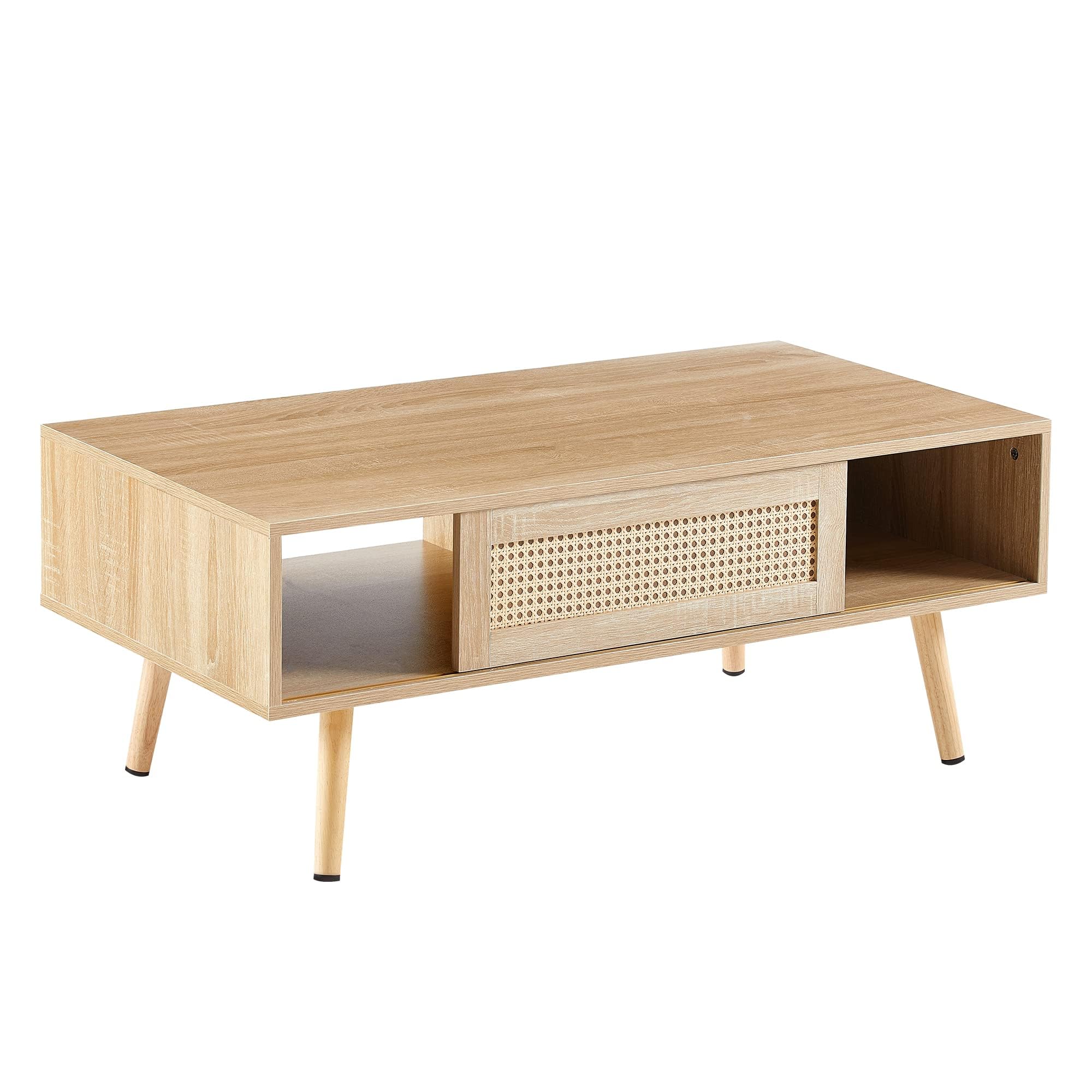 Mid Century Modern Coffee Table with Sliding Rattan Storage – 41.3 Inch Wooden Sofa Table