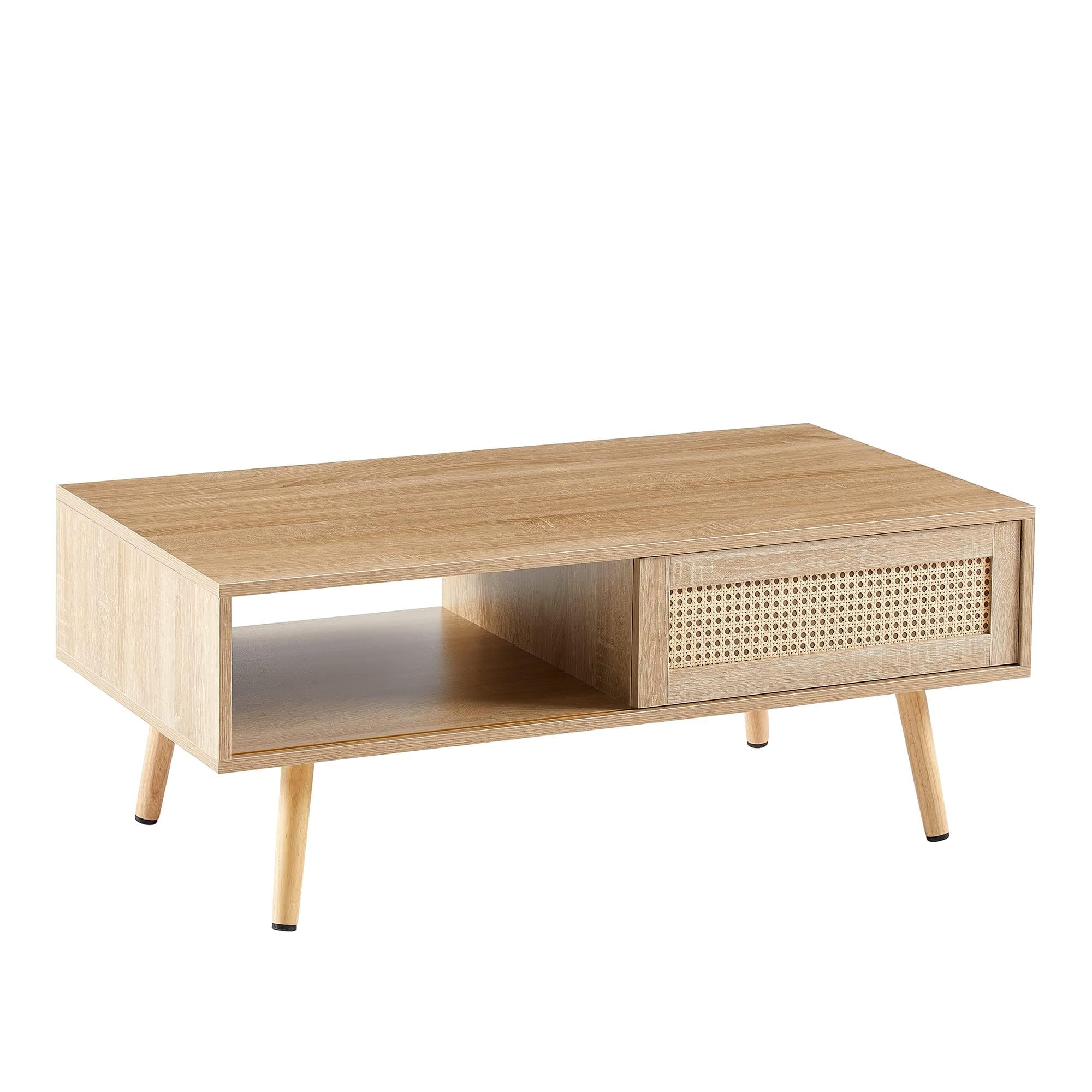 Mid Century Modern Coffee Table with Sliding Rattan Storage – 41.3 Inch Wooden Sofa Table