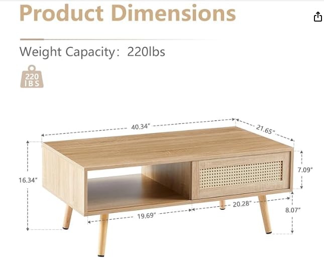 Mid Century Modern Coffee Table with Sliding Rattan Storage – 41.3 Inch Wooden Sofa Table