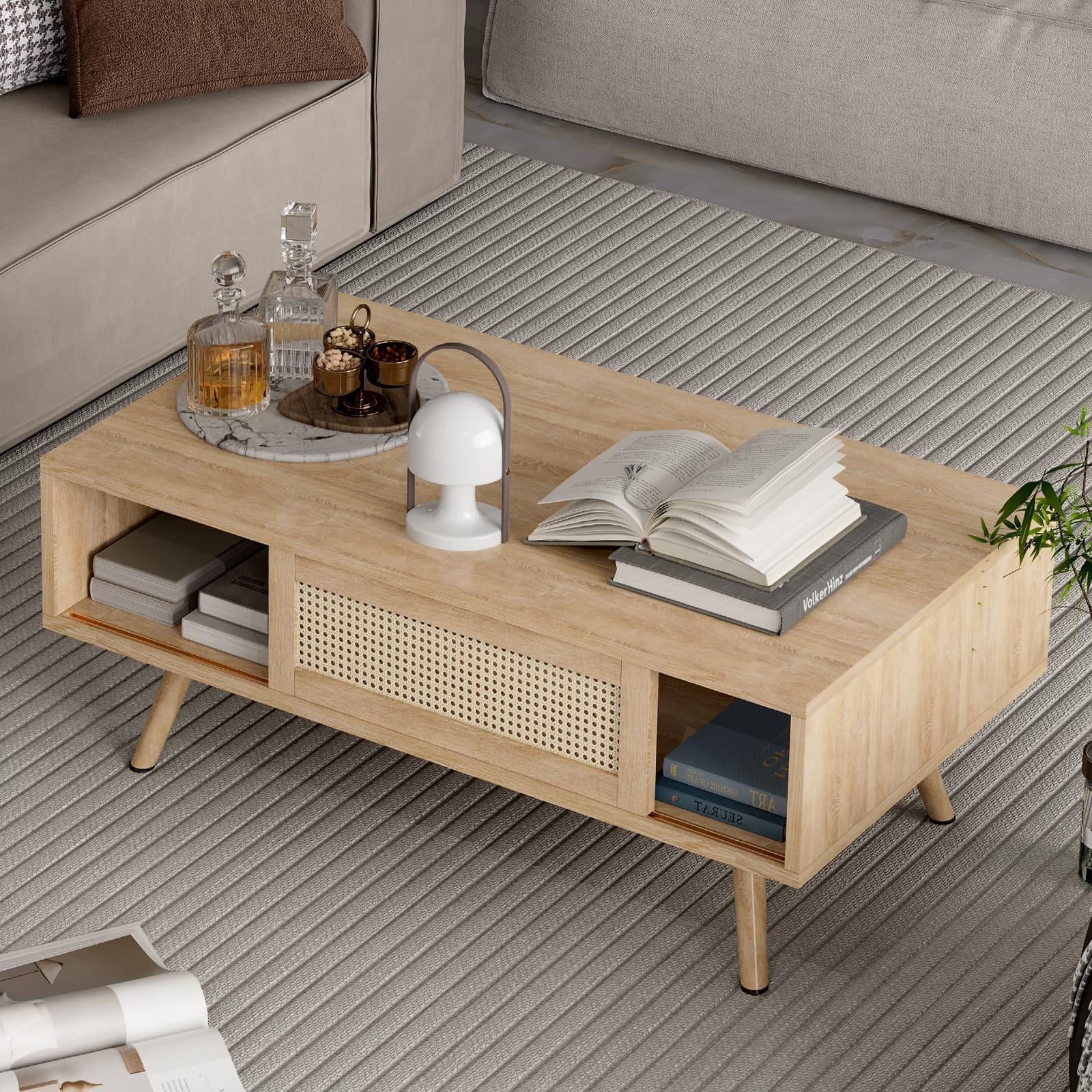 Mid Century Modern Coffee Table with Sliding Rattan Storage – 41.3 Inch Wooden Sofa Table