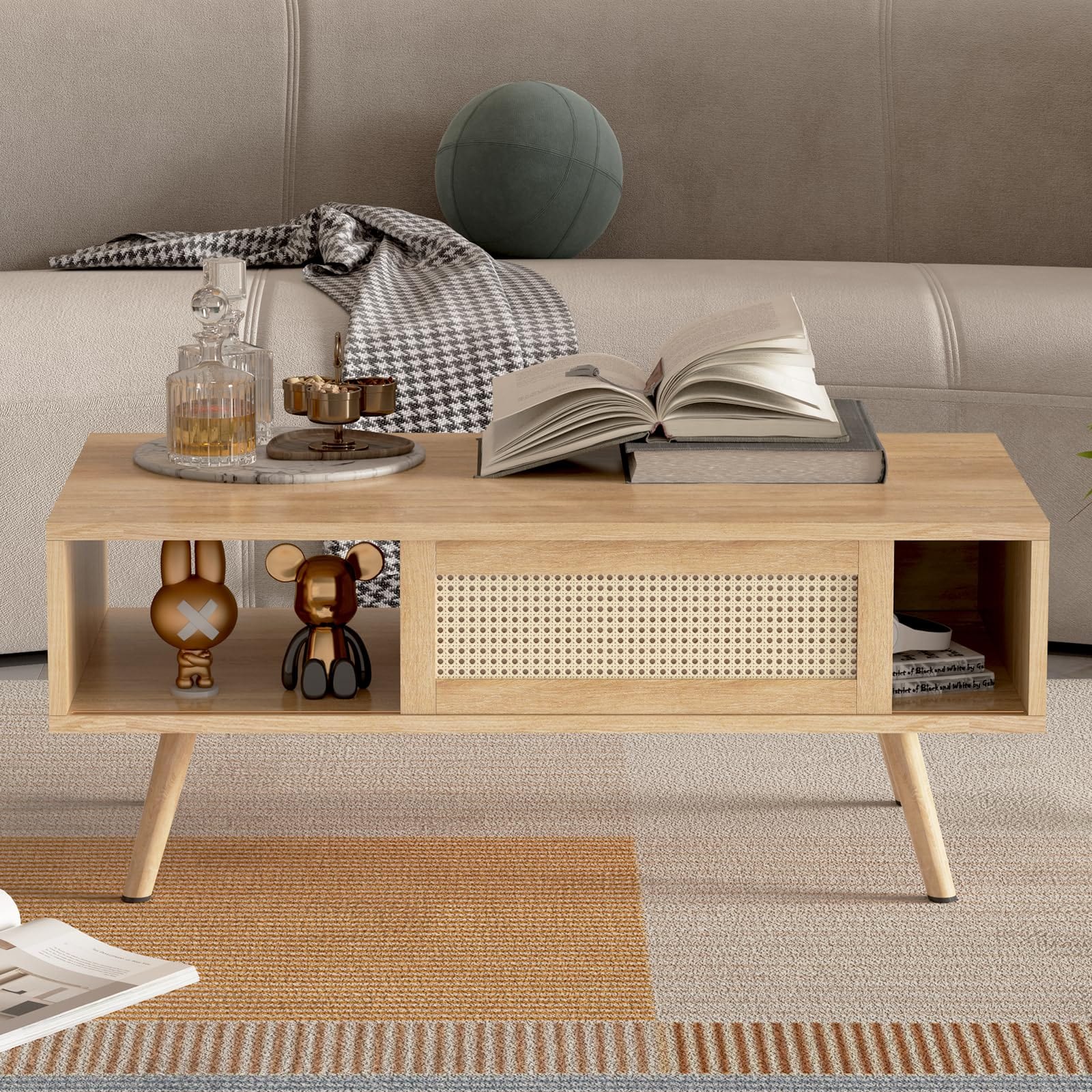Mid Century Modern Coffee Table with Sliding Rattan Storage – 41.3 Inch Wooden Sofa Table