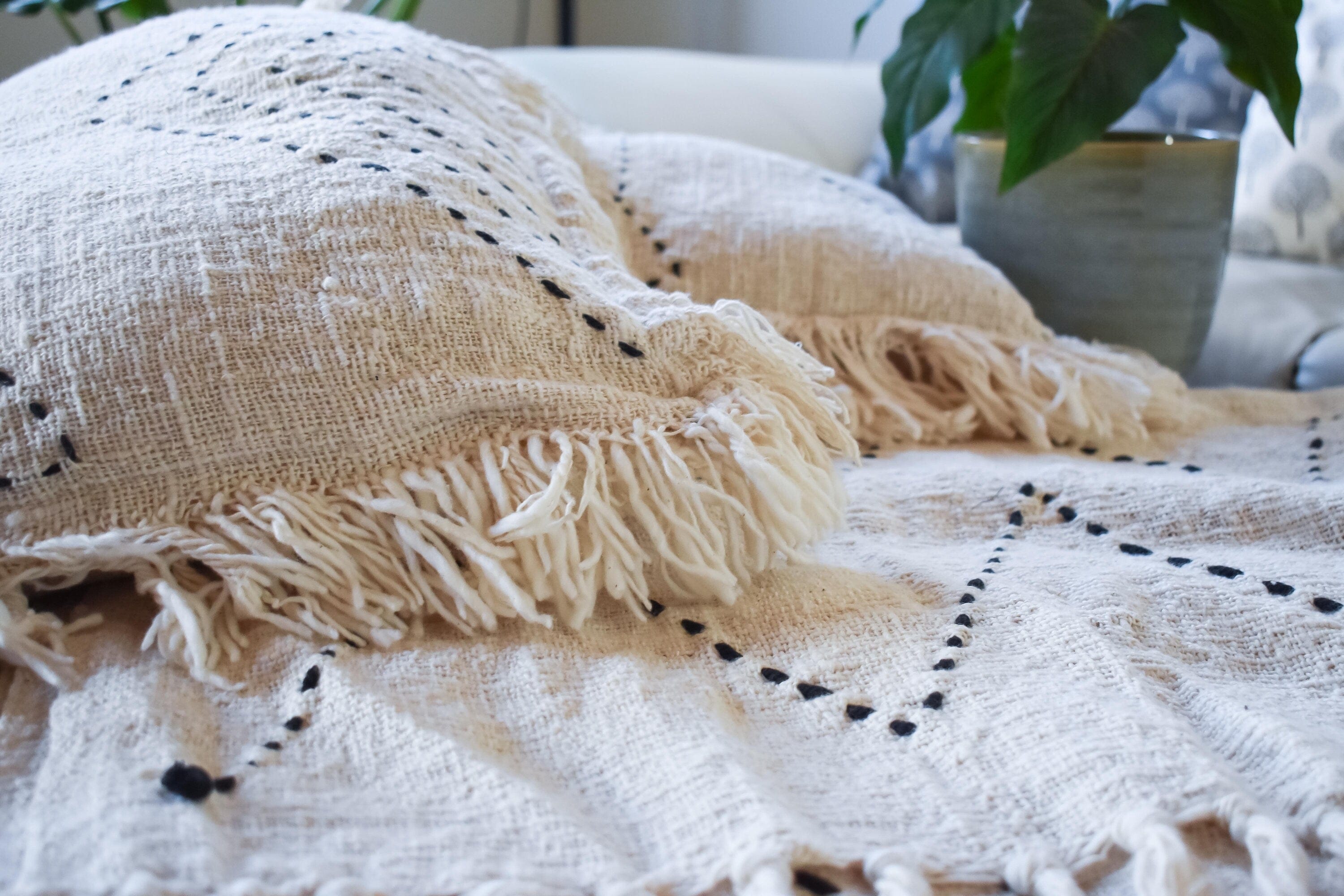 Pure Cotton Slub Throw Blanket with Hand-Stitched Pattern - Versatile Boho Bed Runner, Table Cover, and More