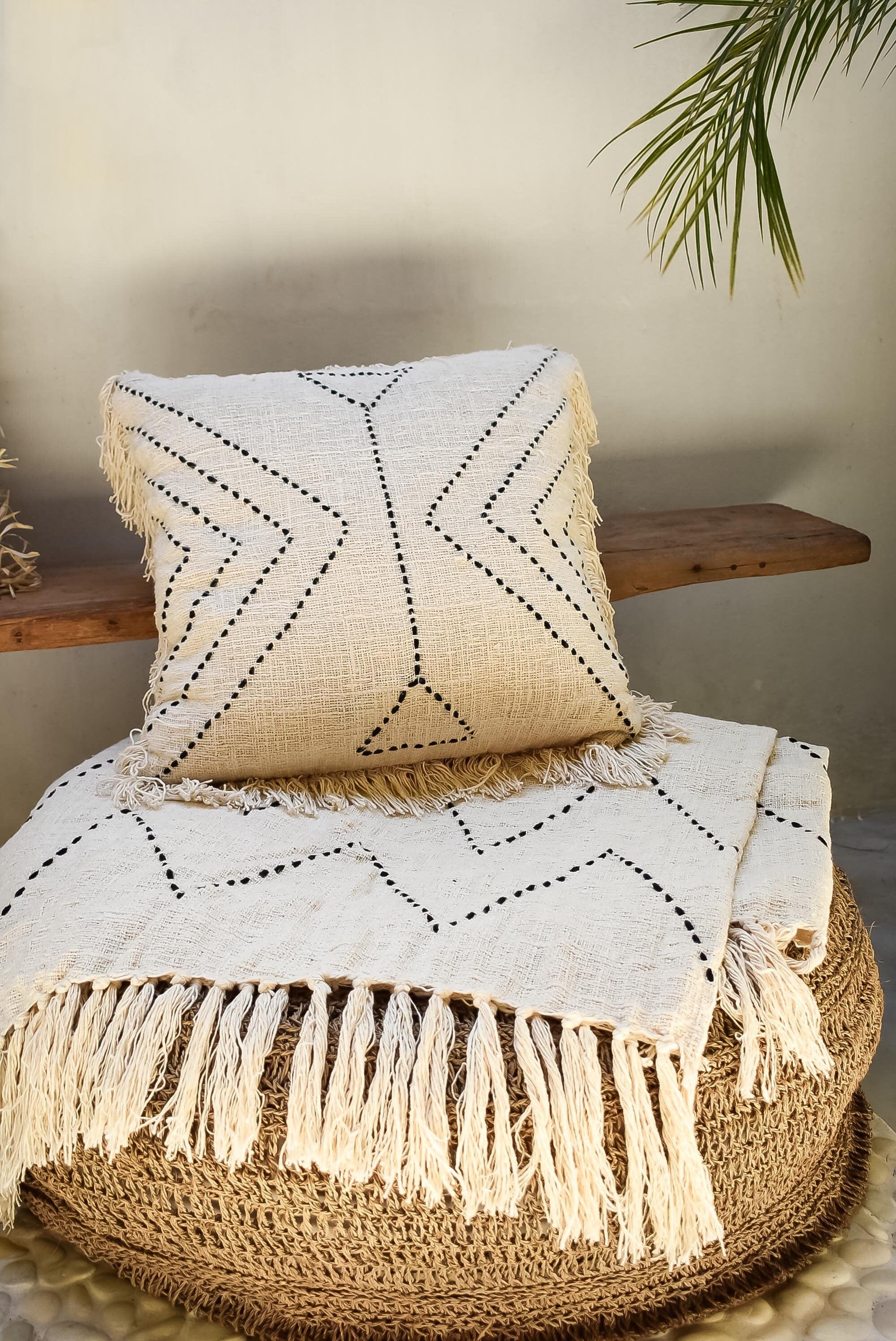 Pure Cotton Slub Throw Blanket with Hand-Stitched Pattern - Versatile Boho Bed Runner, Table Cover, and More