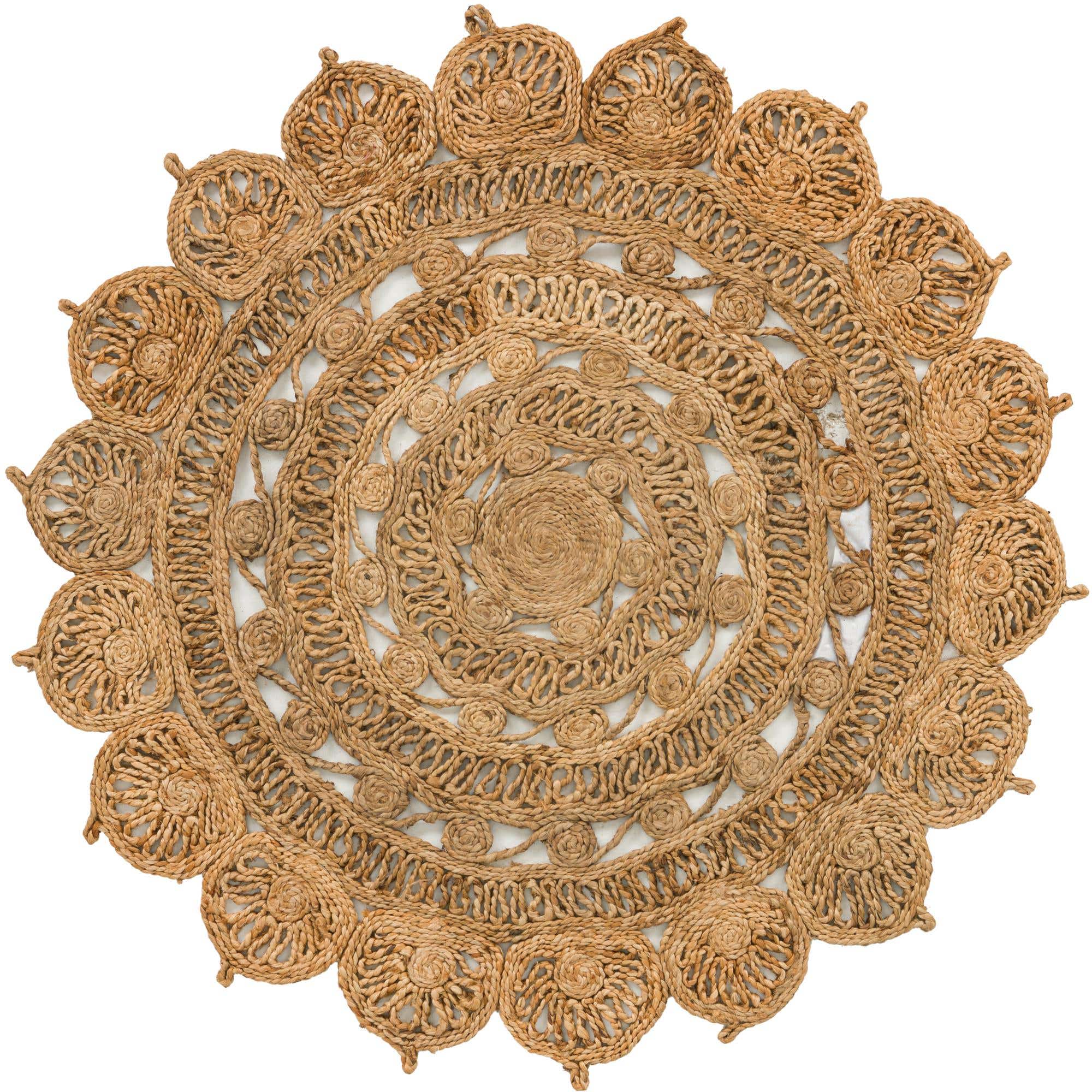 Round 5' Area Rug - Handwoven Medallion Design with Braided Jute Stripes - 60" x 60" - High Traffic Durability - Elegant Home Decor