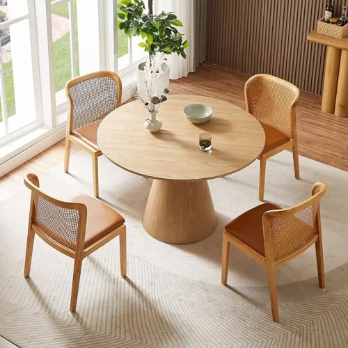 Round Dining Table with Wood Grain Top, Solid Wood, 47-Inch Modern Kitchen Table for 4-6, Mid Century Dining Room Table for Kitchen, Office, Restaurant - Natural Ash