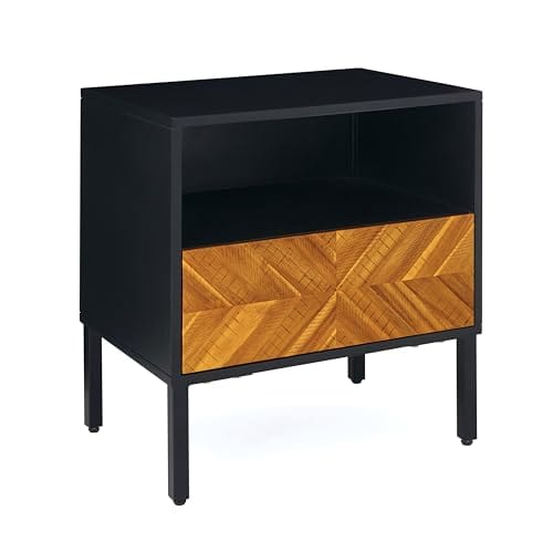 Rustic Golden Brown Nightstand - Vintage Solid Wood and MDF Side Table with Storage Drawer - Mid Century Modern Accent Furniture
