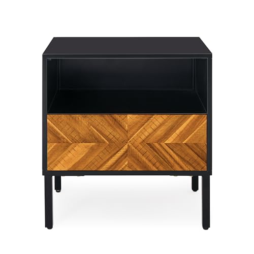 Rustic Golden Brown Nightstand - Vintage Solid Wood and MDF Side Table with Storage Drawer - Mid Century Modern Accent Furniture