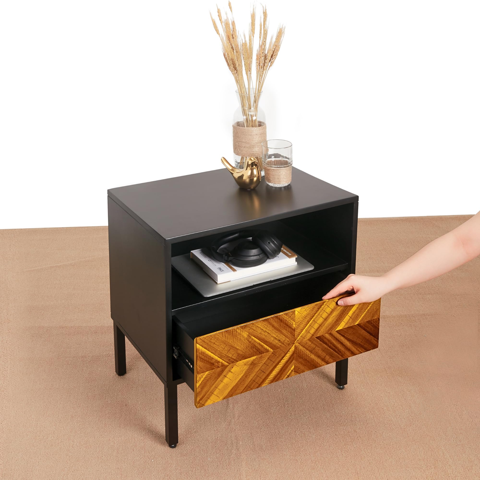 Rustic Golden Brown Nightstand - Vintage Solid Wood and MDF Side Table with Storage Drawer - Mid Century Modern Accent Furniture