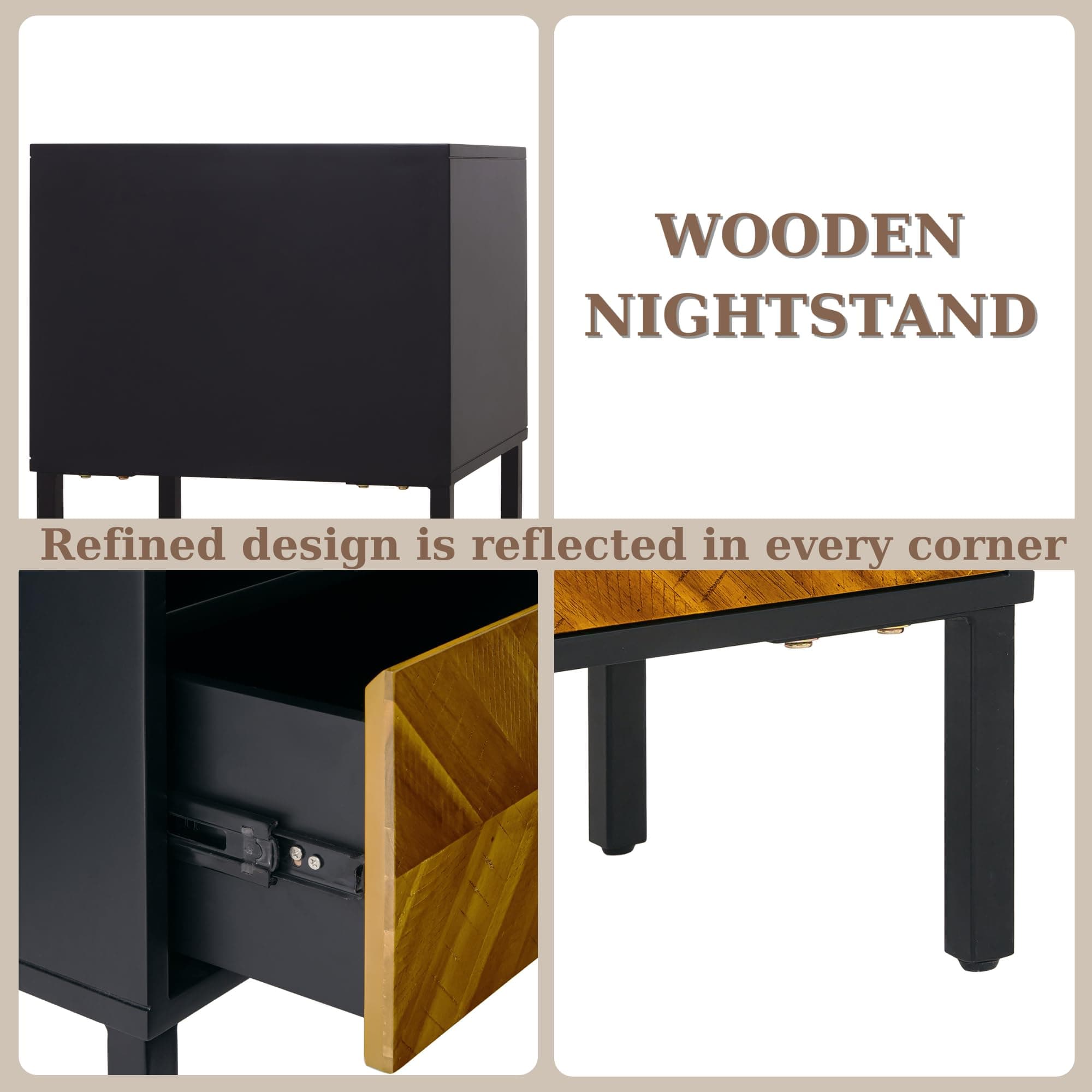 Rustic Golden Brown Nightstand - Vintage Solid Wood and MDF Side Table with Storage Drawer - Mid Century Modern Accent Furniture
