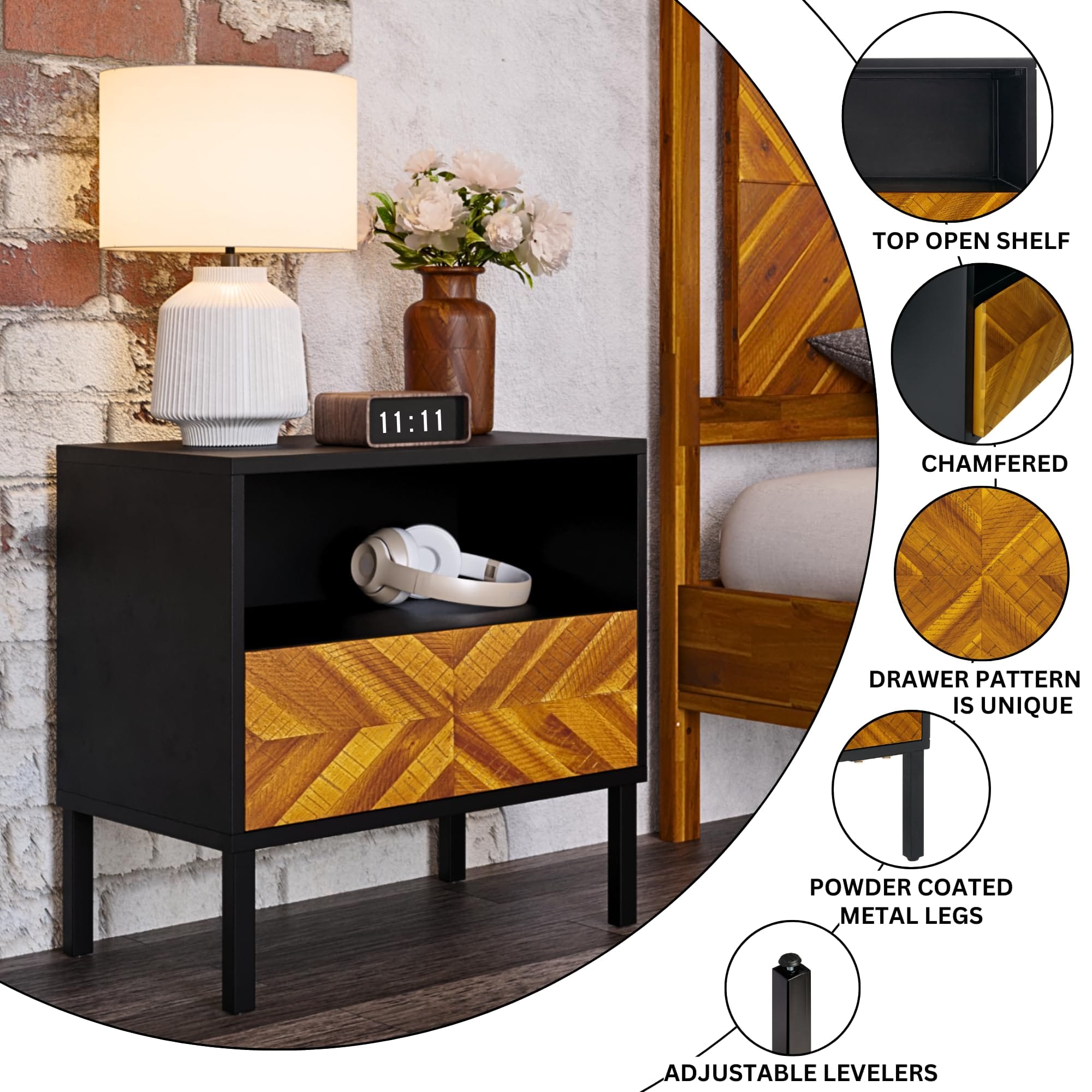 Rustic Golden Brown Nightstand - Vintage Solid Wood and MDF Side Table with Storage Drawer - Mid Century Modern Accent Furniture