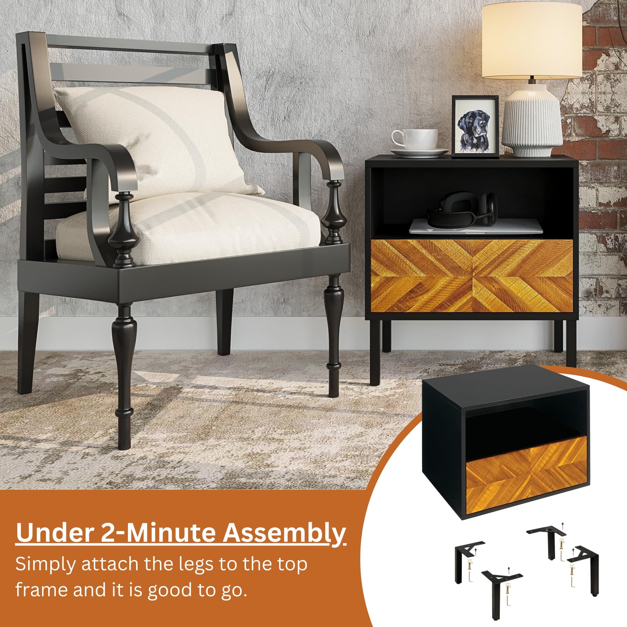 Rustic Golden Brown Nightstand - Vintage Solid Wood and MDF Side Table with Storage Drawer - Mid Century Modern Accent Furniture