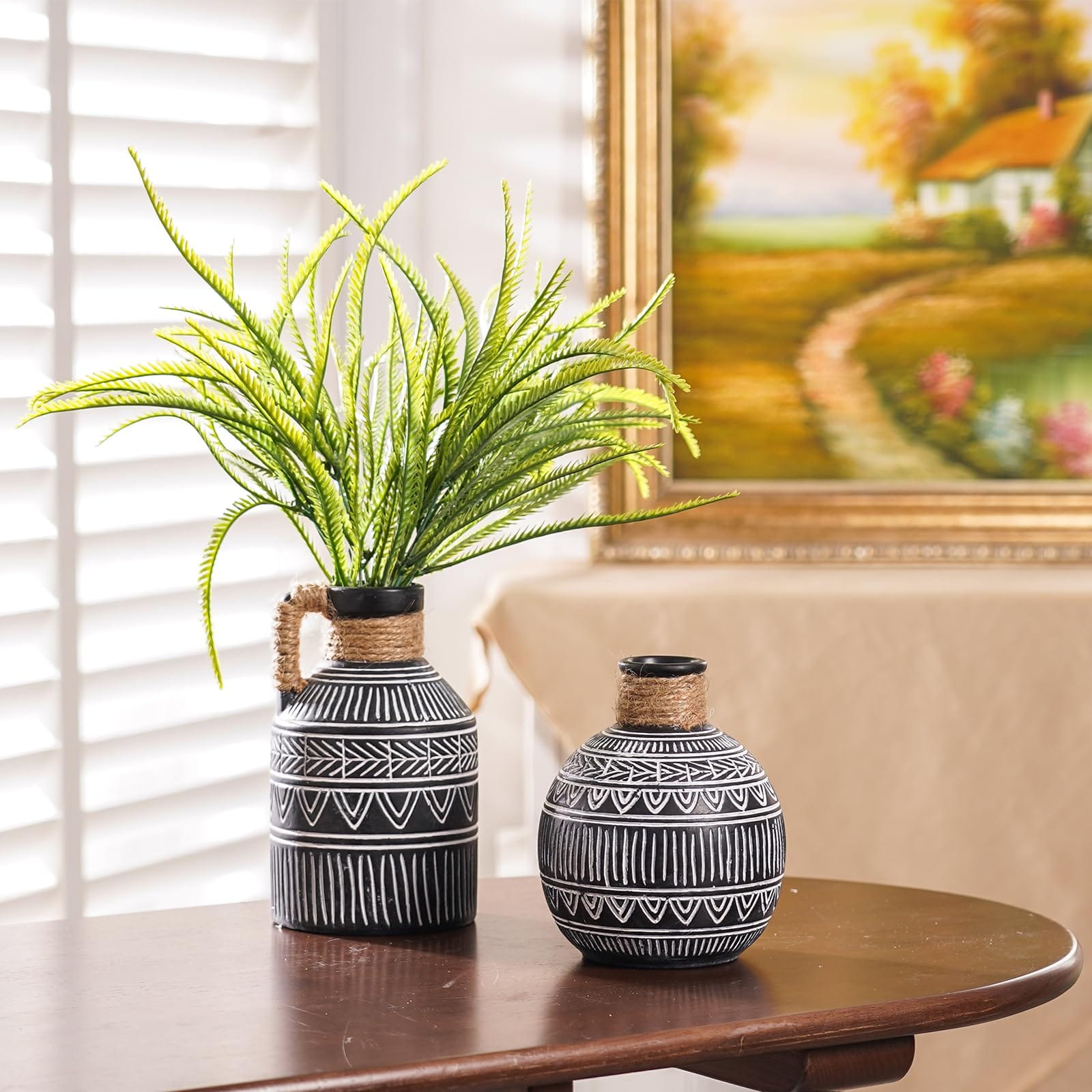 Set of 2 Black and White Boho Terracotta Vases – Perfect for Pampas Grass, Mantel, and Home Decor
