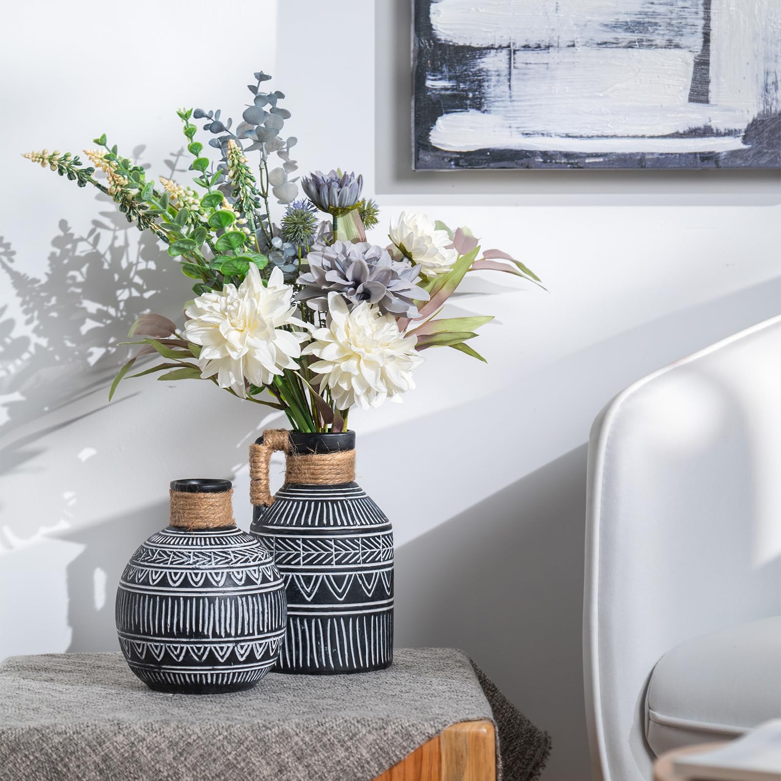 Set of 2 Black and White Boho Terracotta Vases – Perfect for Pampas Grass, Mantel, and Home Decor