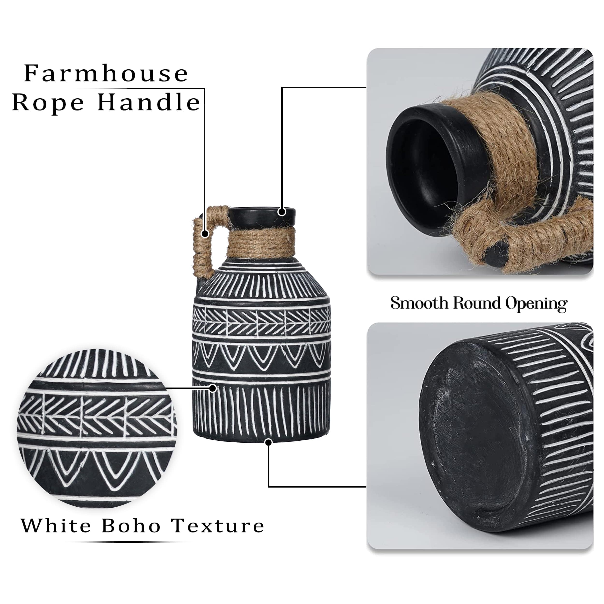 Set of 2 Black and White Boho Terracotta Vases – Perfect for Pampas Grass, Mantel, and Home Decor