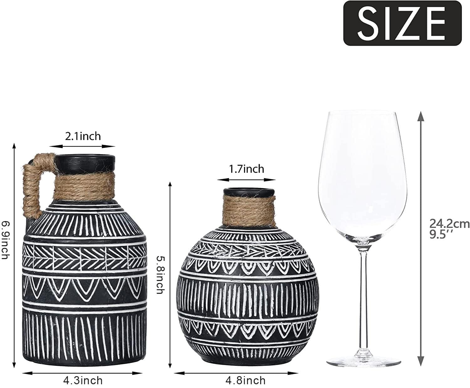 Set of 2 Black and White Boho Terracotta Vases – Perfect for Pampas Grass, Mantel, and Home Decor