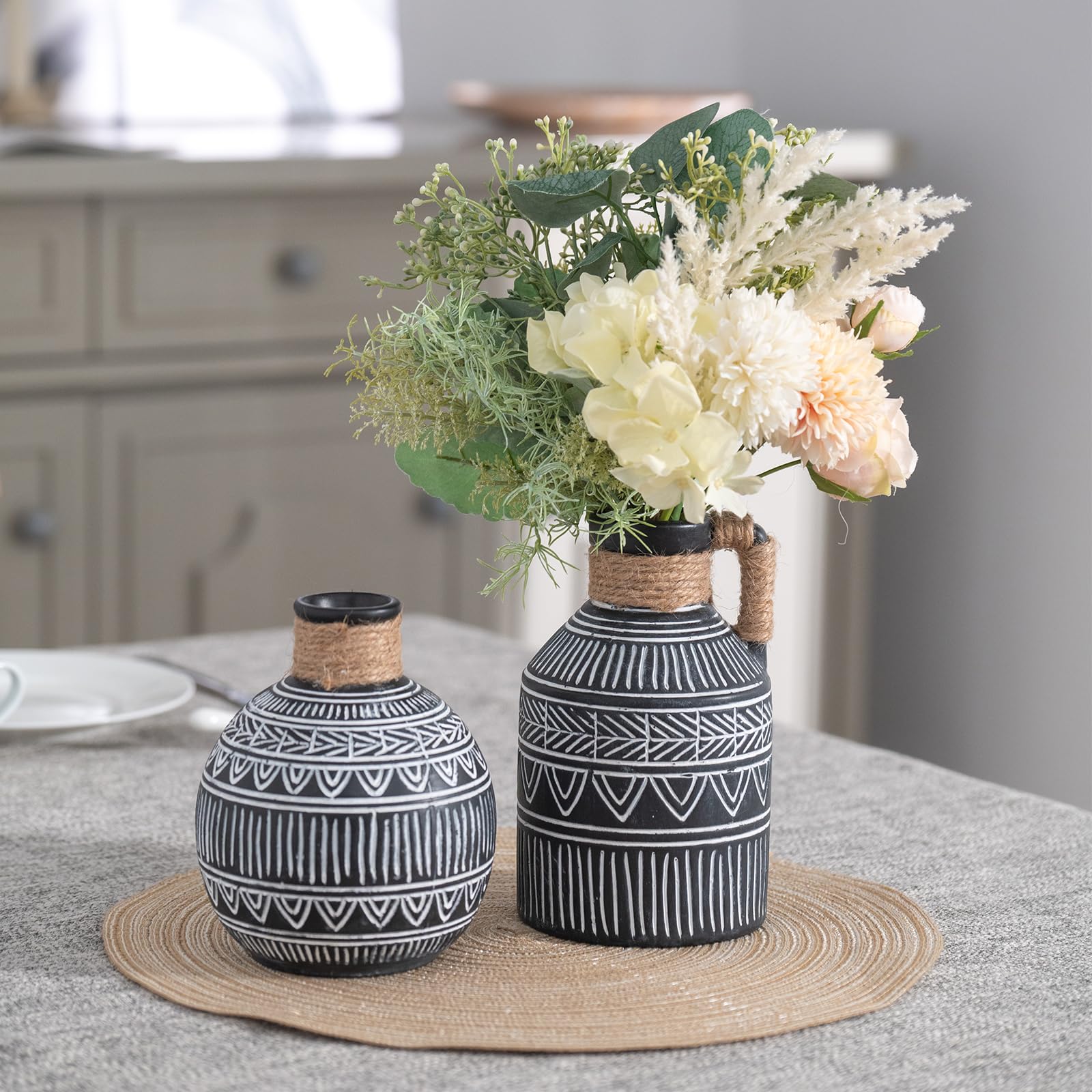 Set of 2 Black and White Boho Terracotta Vases – Perfect for Pampas Grass, Mantel, and Home Decor