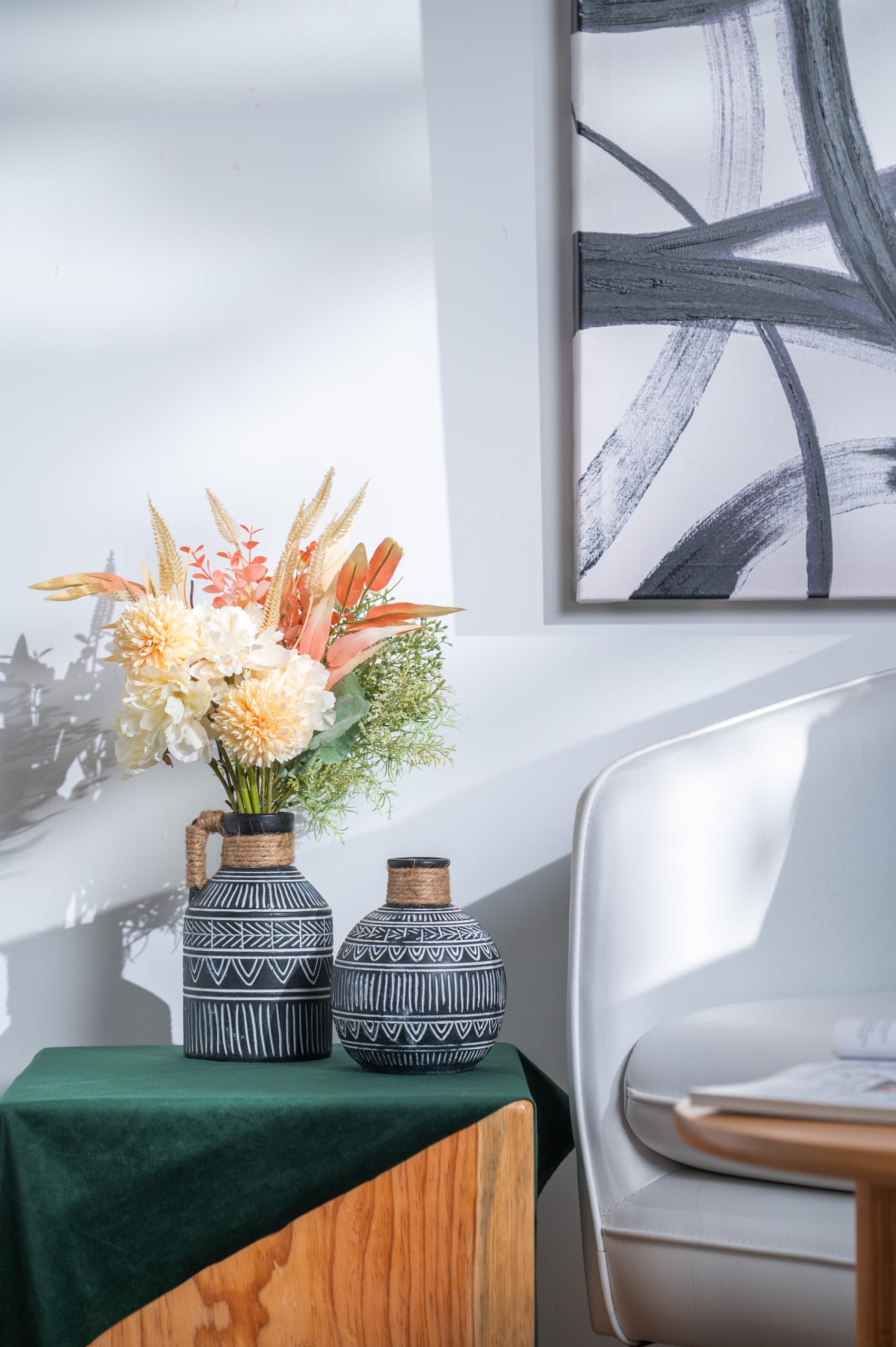 Set of 2 Black and White Boho Terracotta Vases – Perfect for Pampas Grass, Mantel, and Home Decor