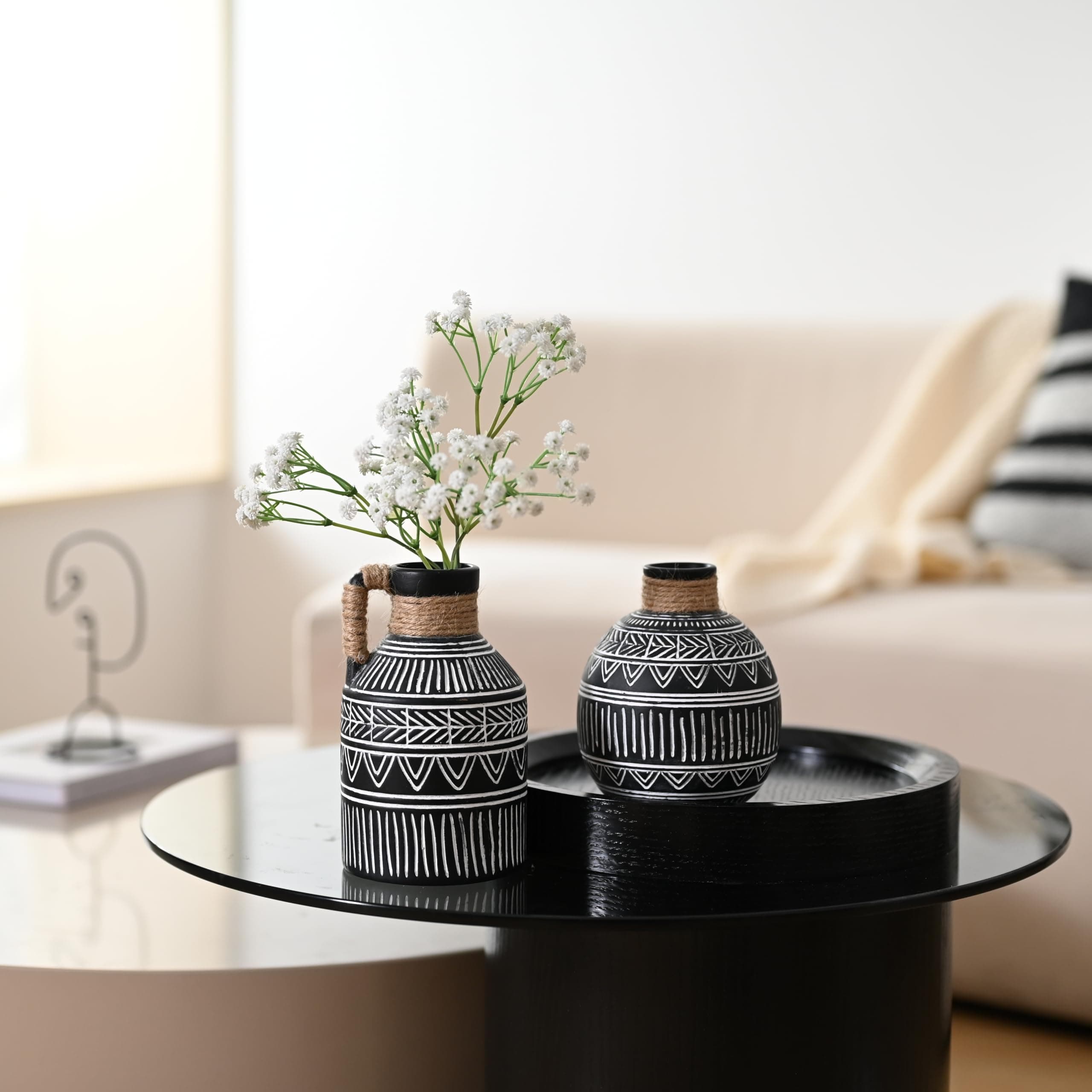 Set of 2 Black and White Boho Terracotta Vases – Perfect for Pampas Grass, Mantel, and Home Decor