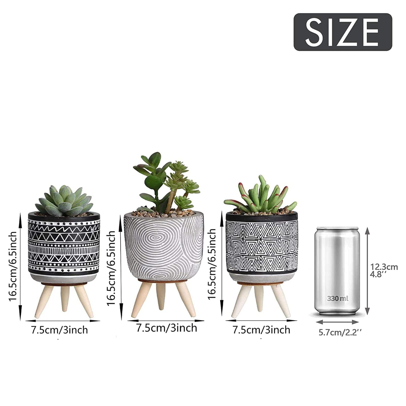 Set of 3 Artificial Plants in Geometric Ceramic Planters – Modern Black and White Decor with Wooden Stands