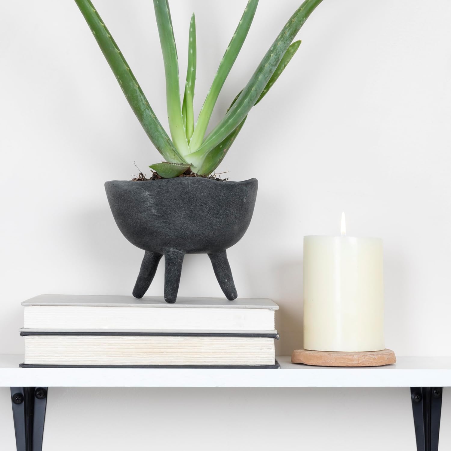 Small Boho Terracotta Footed Planter with Organic Edge – Matte Taupe - Uniquely Shaped Edge
