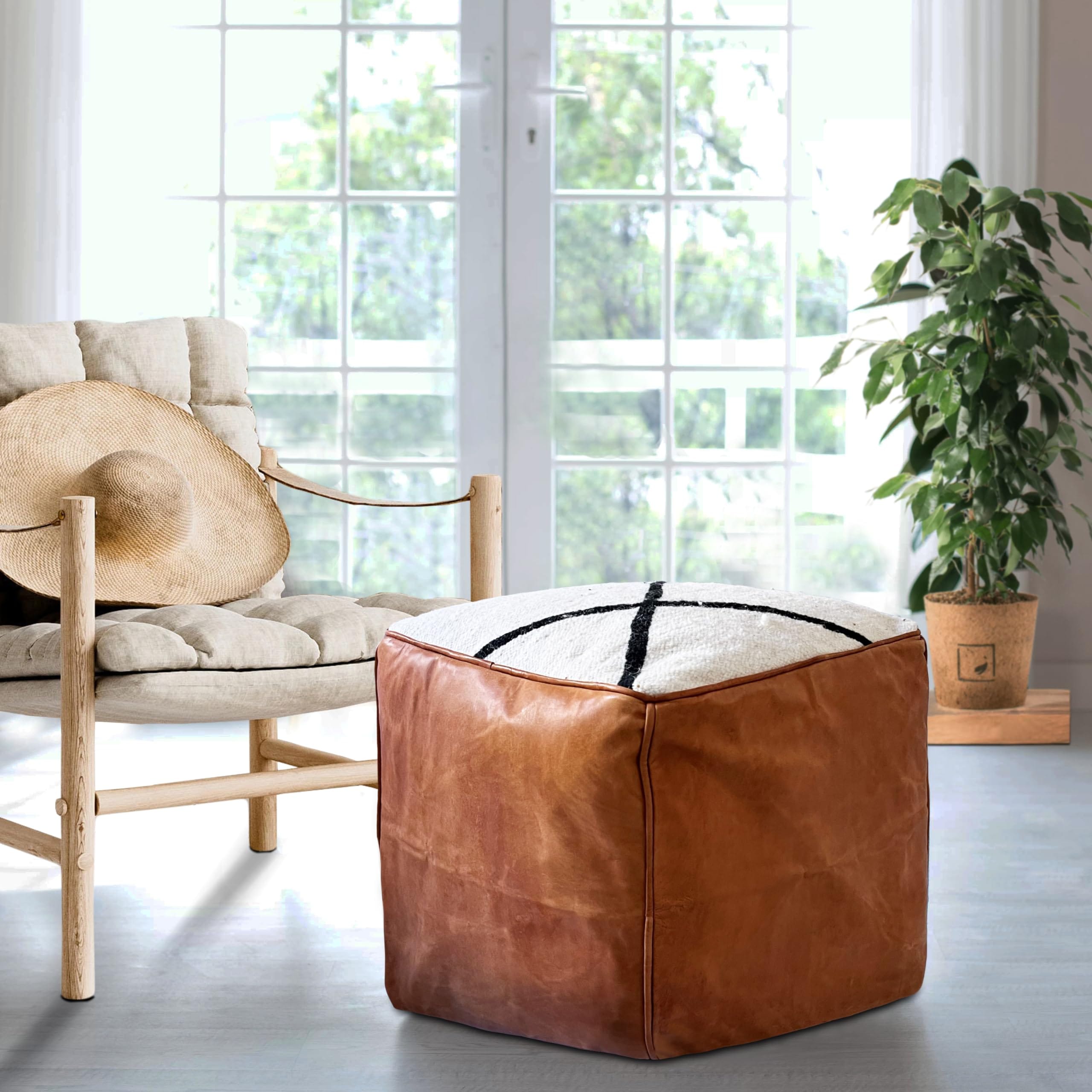 Stuffed 18-Inch Square Moroccan Pouf Ottoman, Handmade Berber Wool and Genuine Leather Footstool, Boho Chic (Brown & White)