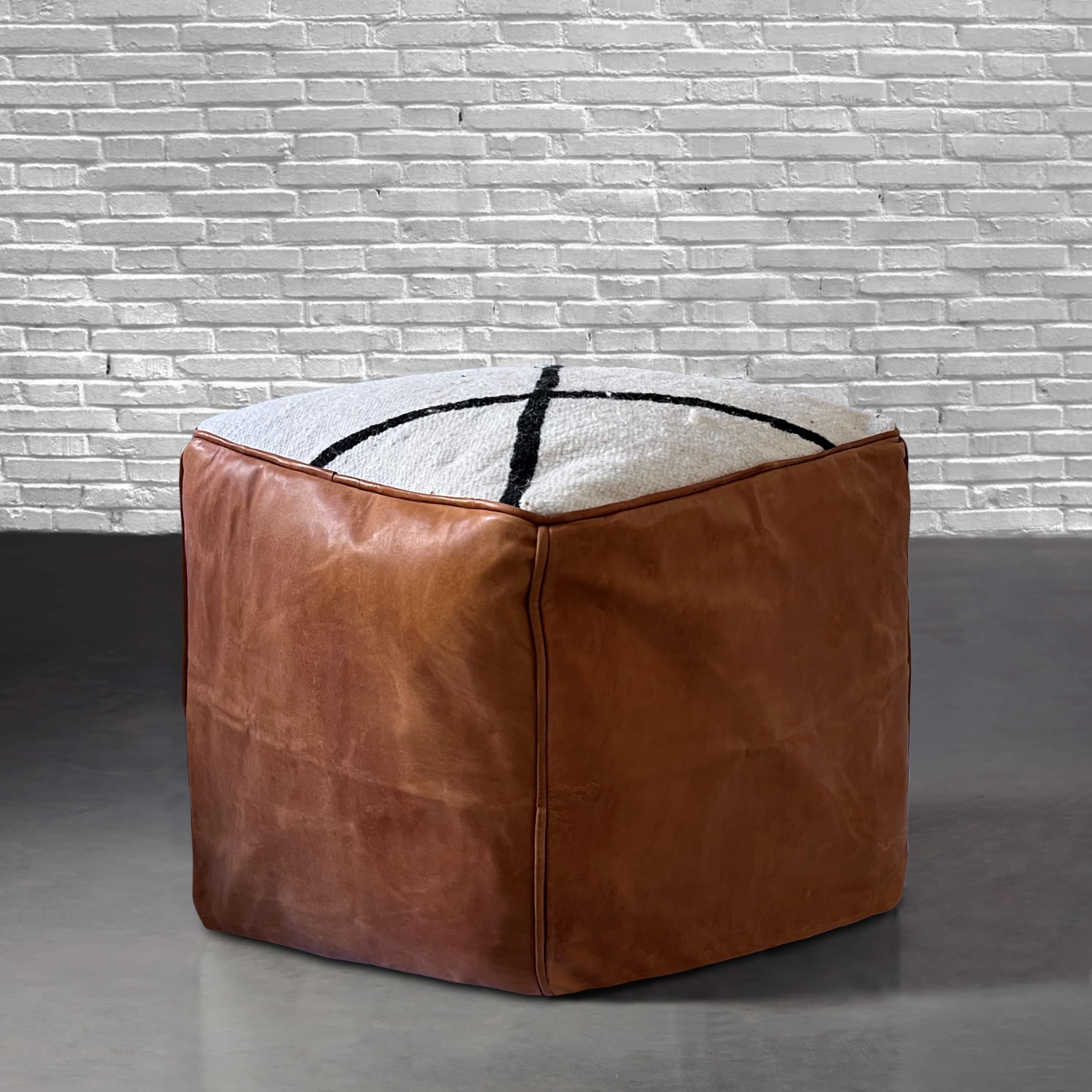 Stuffed 18-Inch Square Moroccan Pouf Ottoman, Handmade Berber Wool and Genuine Leather Footstool, Boho Chic (Brown & White)