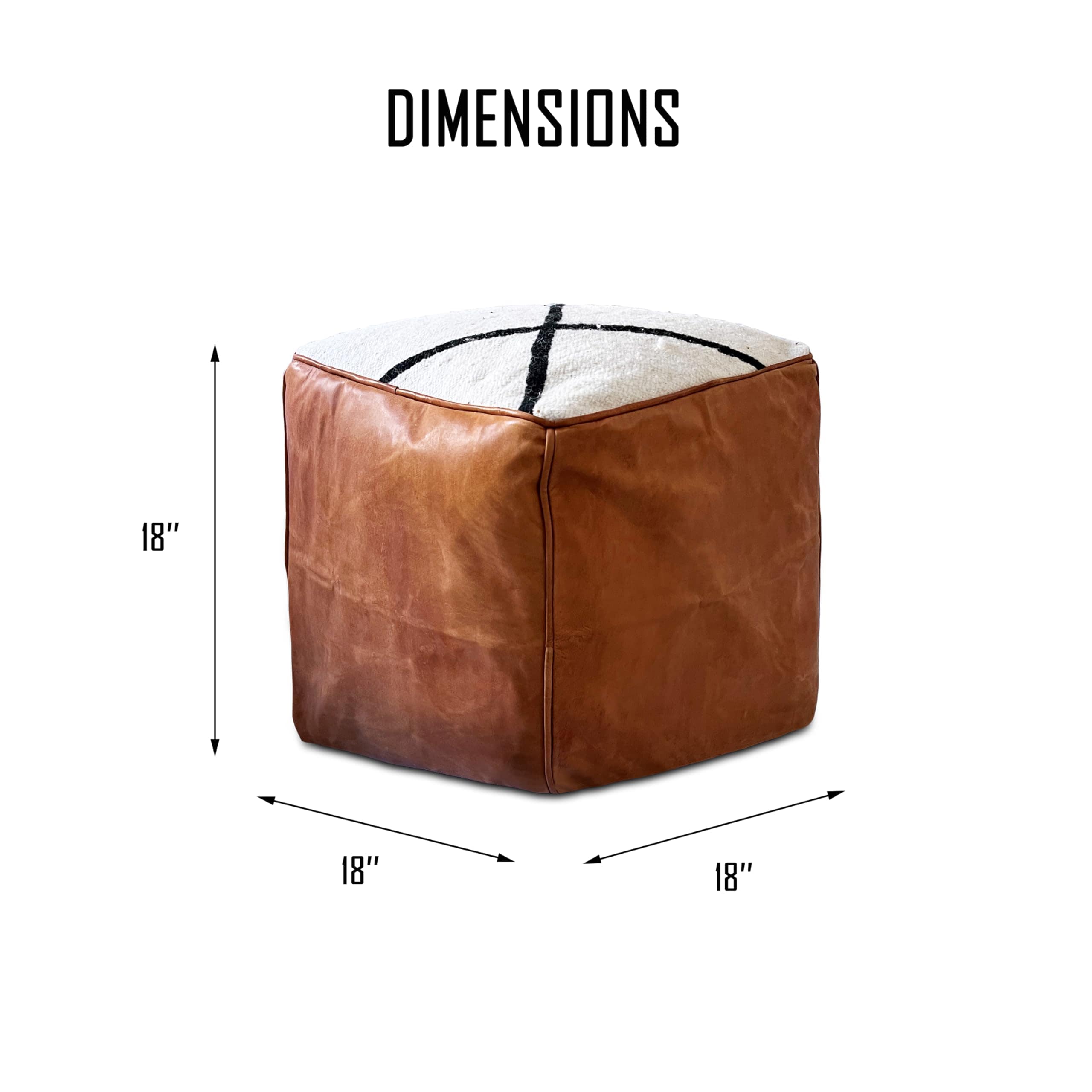 Stuffed 18-Inch Square Moroccan Pouf Ottoman, Handmade Berber Wool and Genuine Leather Footstool, Boho Chic (Brown & White)