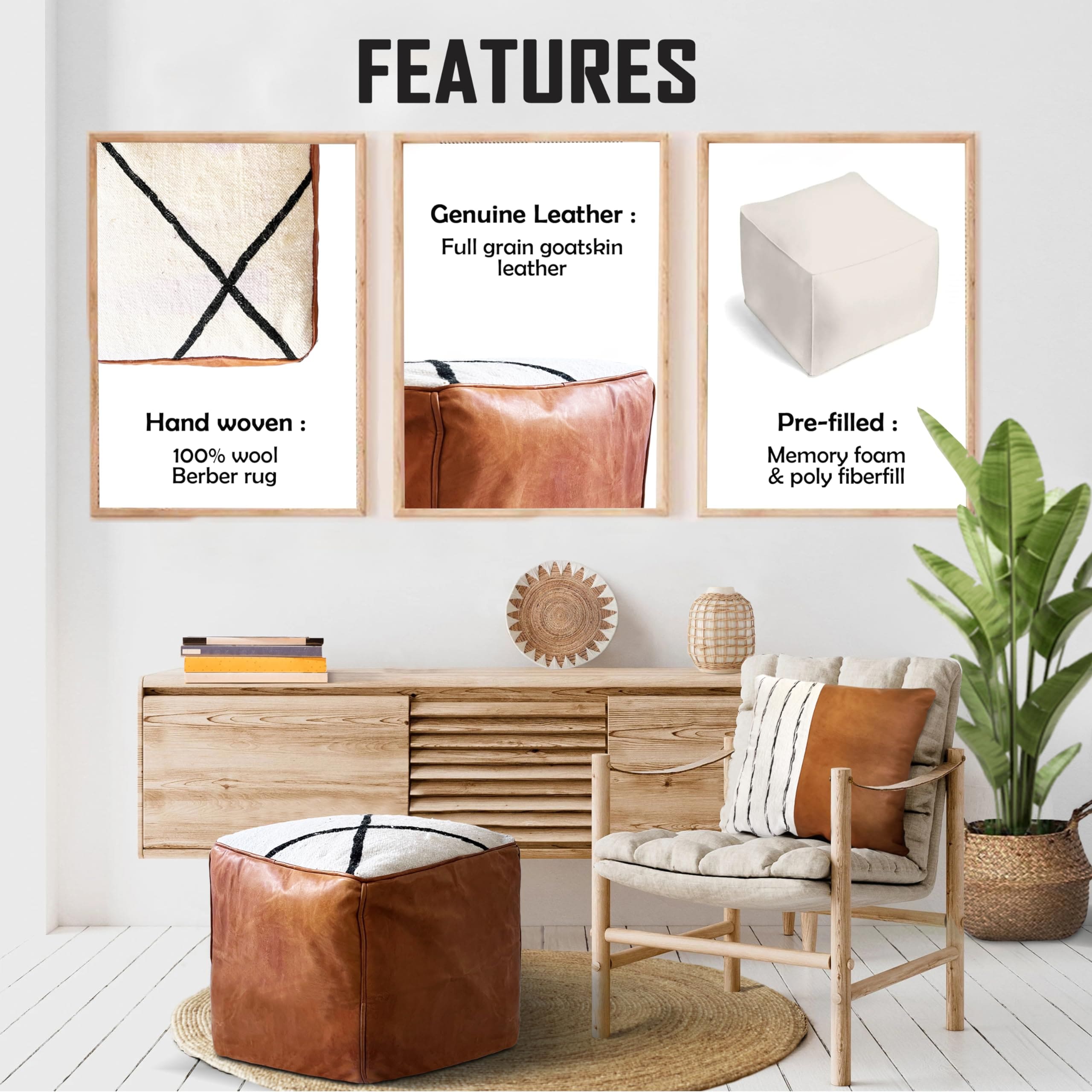 Stuffed 18-Inch Square Moroccan Pouf Ottoman, Handmade Berber Wool and Genuine Leather Footstool, Boho Chic (Brown & White)