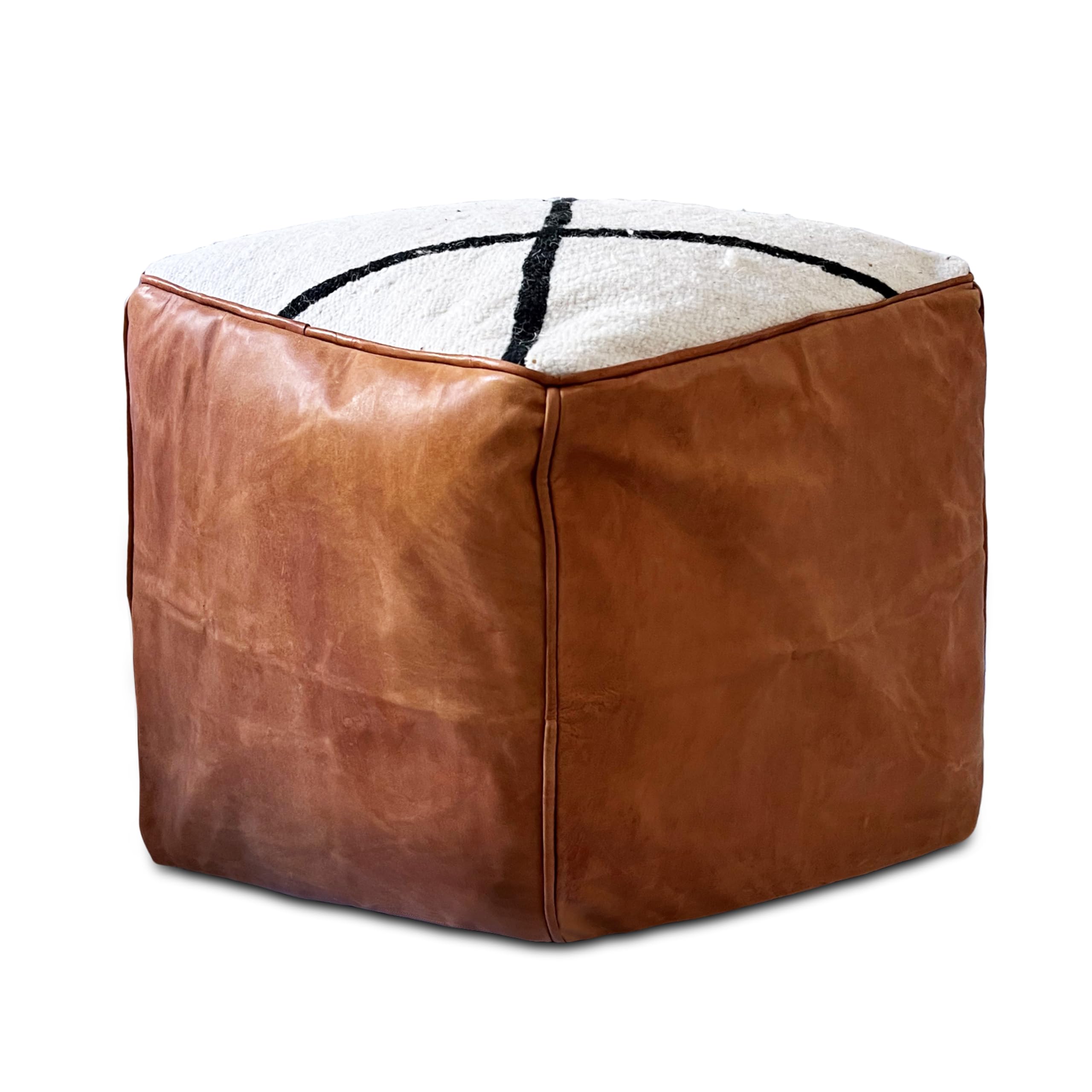 Stuffed 18-Inch Square Moroccan Pouf Ottoman, Handmade Berber Wool and Genuine Leather Footstool, Boho Chic (Brown & White)