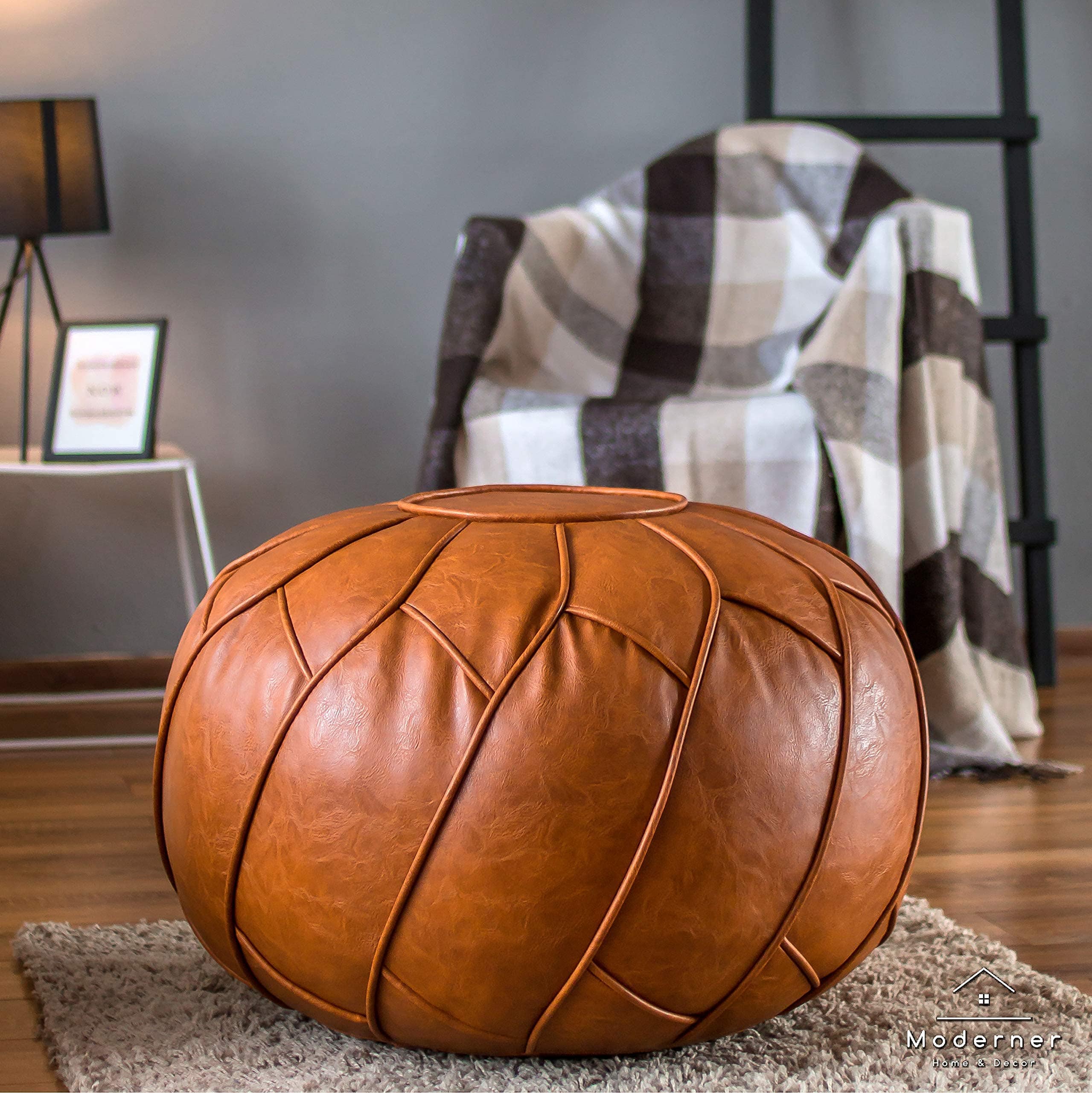 Unstuffed Faux Leather Pouf Ottoman – Moroccan Floor Footrest and Storage Solution in Natural Brown