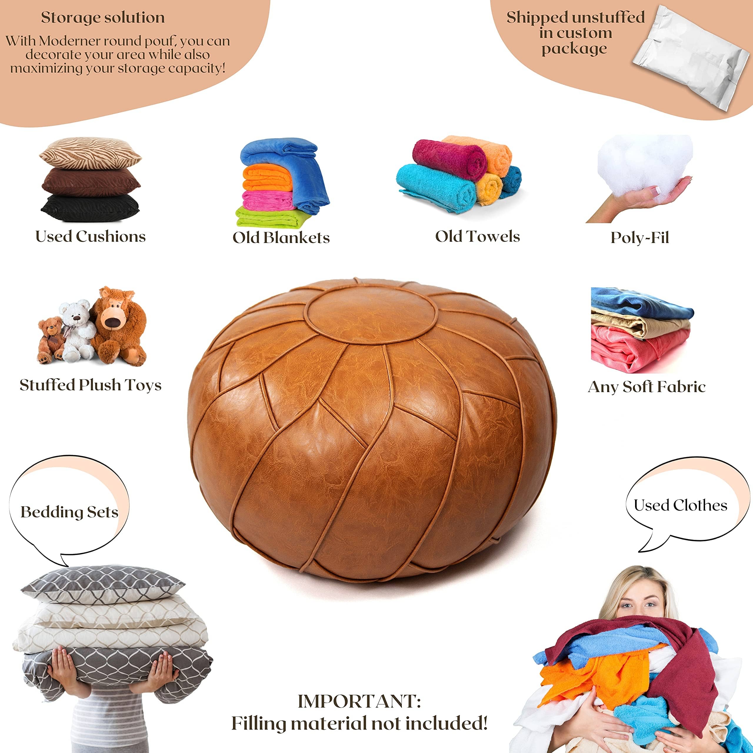 Unstuffed Faux Leather Pouf Ottoman – Moroccan Floor Footrest and Storage Solution in Natural Brown