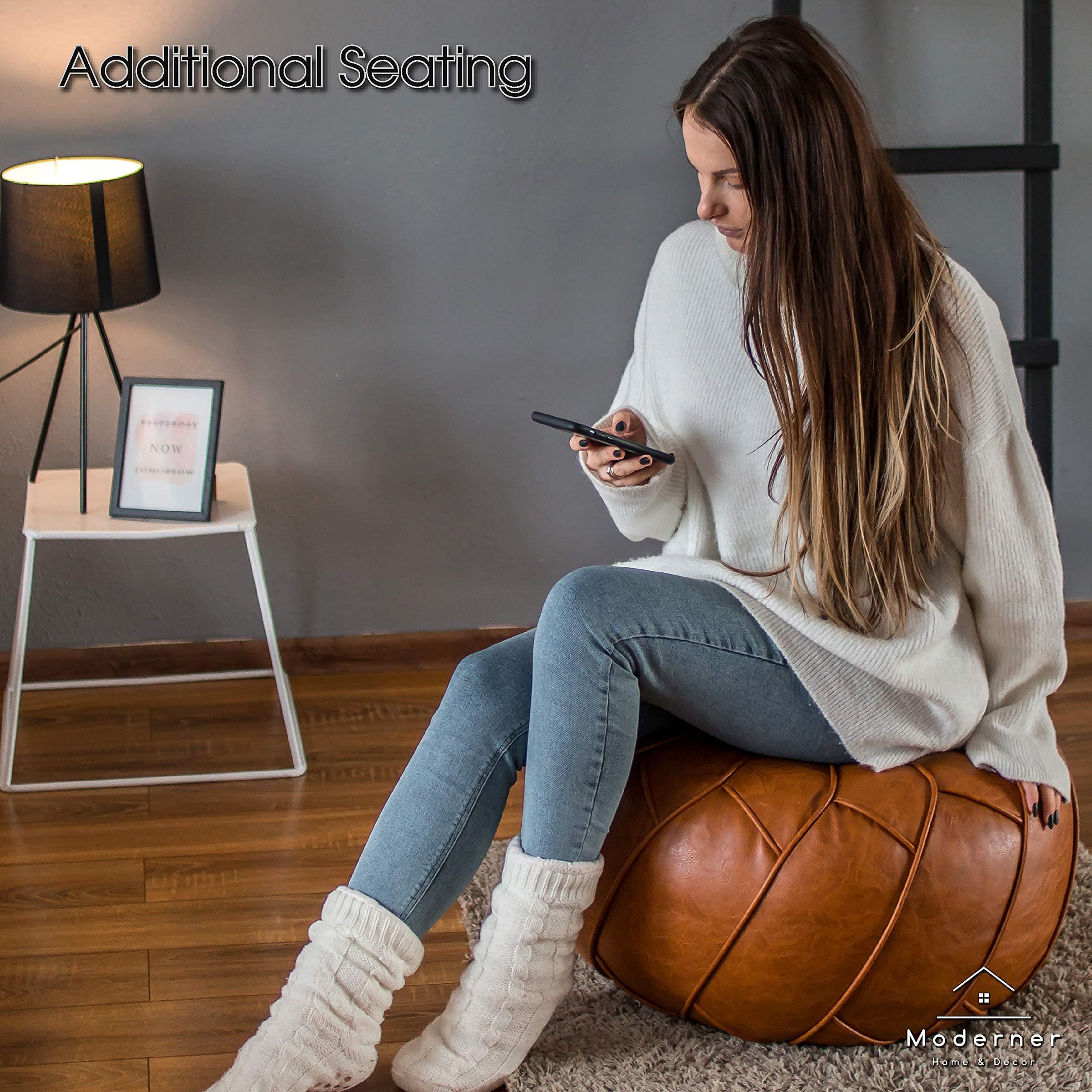 Unstuffed Faux Leather Pouf Ottoman – Moroccan Floor Footrest and Storage Solution in Natural Brown